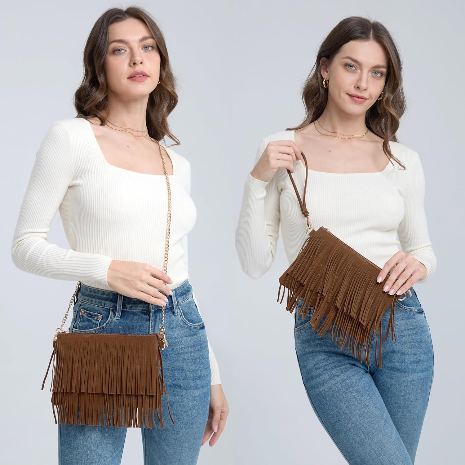 image:imageHOXIS Fringe Cross Body Bag Womens Small Shoulder Bag Top Zip WristletNew Brown