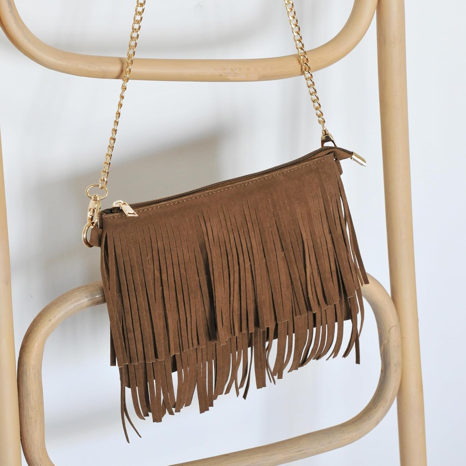 image:imageHOXIS Fringe Cross Body Bag Womens Small Shoulder Bag Top Zip WristletNew Brown