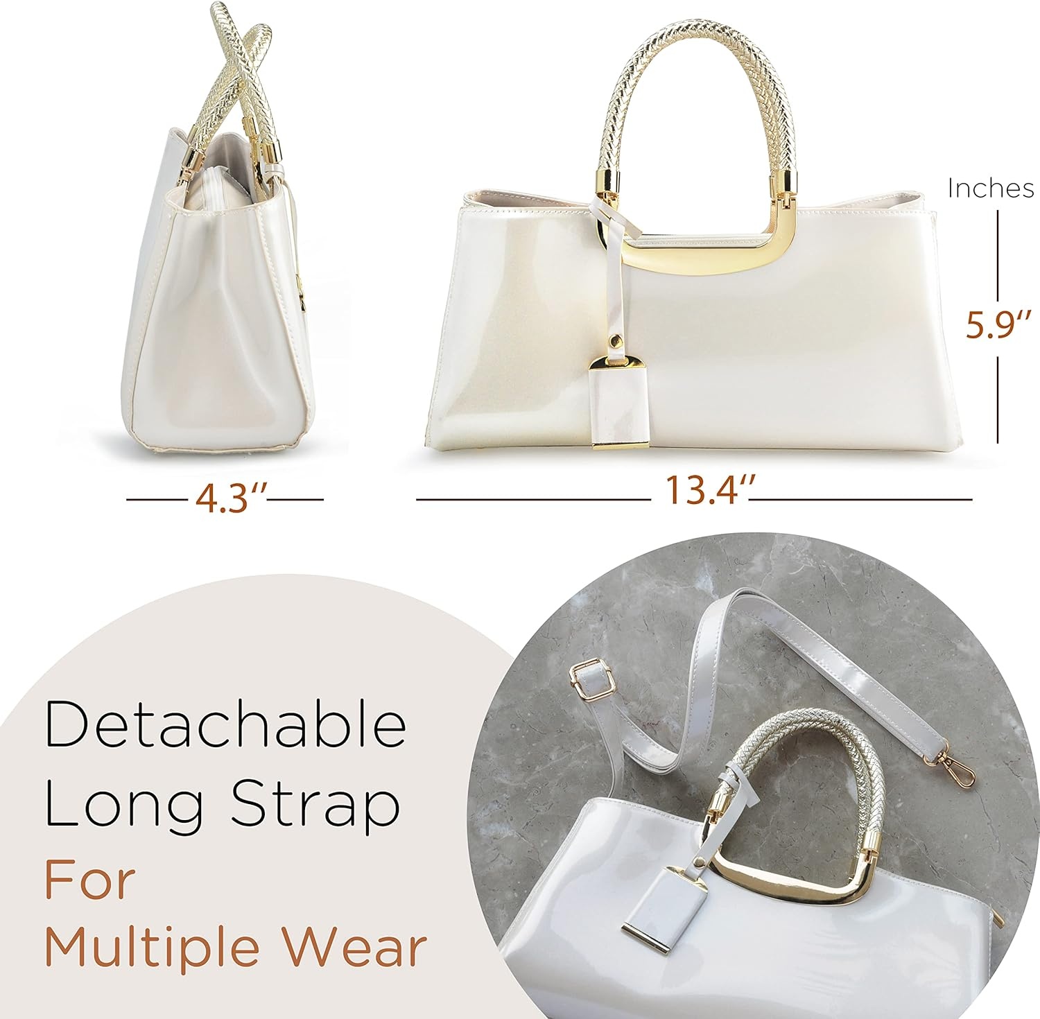 image:imageHOXIS Glossy Faux Patent Leather Structured Shoulder Handbag Women Evening Party SatchelBeige