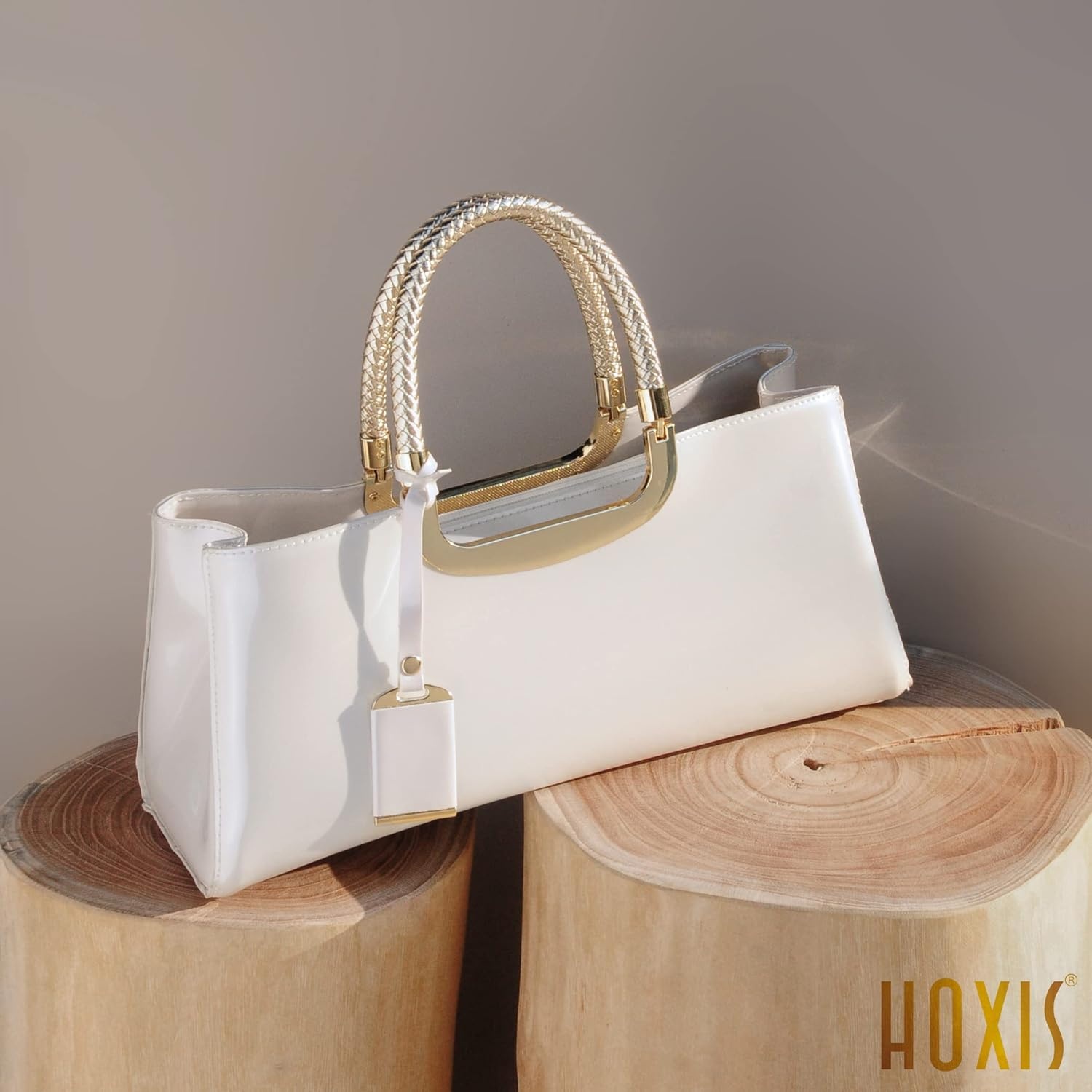 image:imageHOXIS Glossy Faux Patent Leather Structured Shoulder Handbag Women Evening Party SatchelBeige