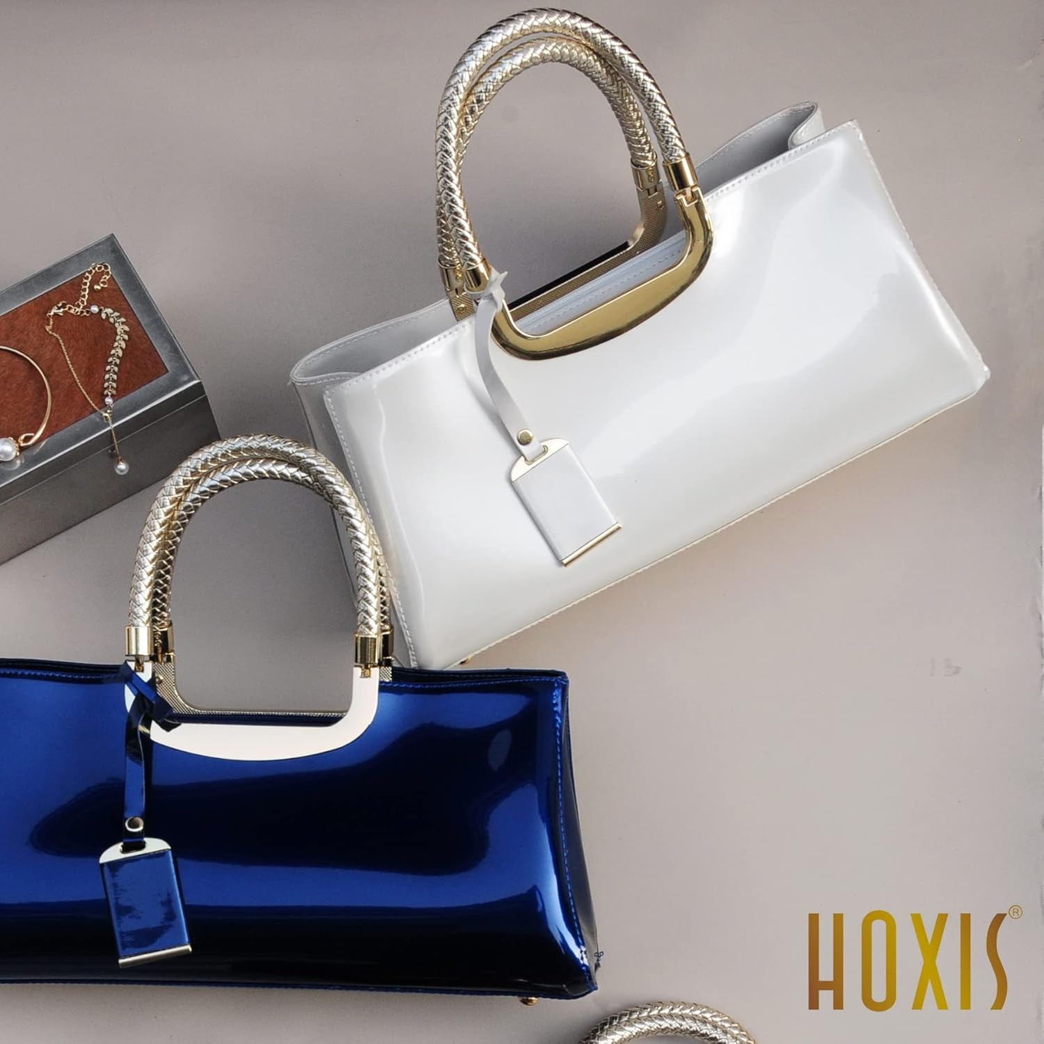 image:imageHOXIS Glossy Faux Patent Leather Structured Shoulder Handbag Women Evening Party SatchelBeige