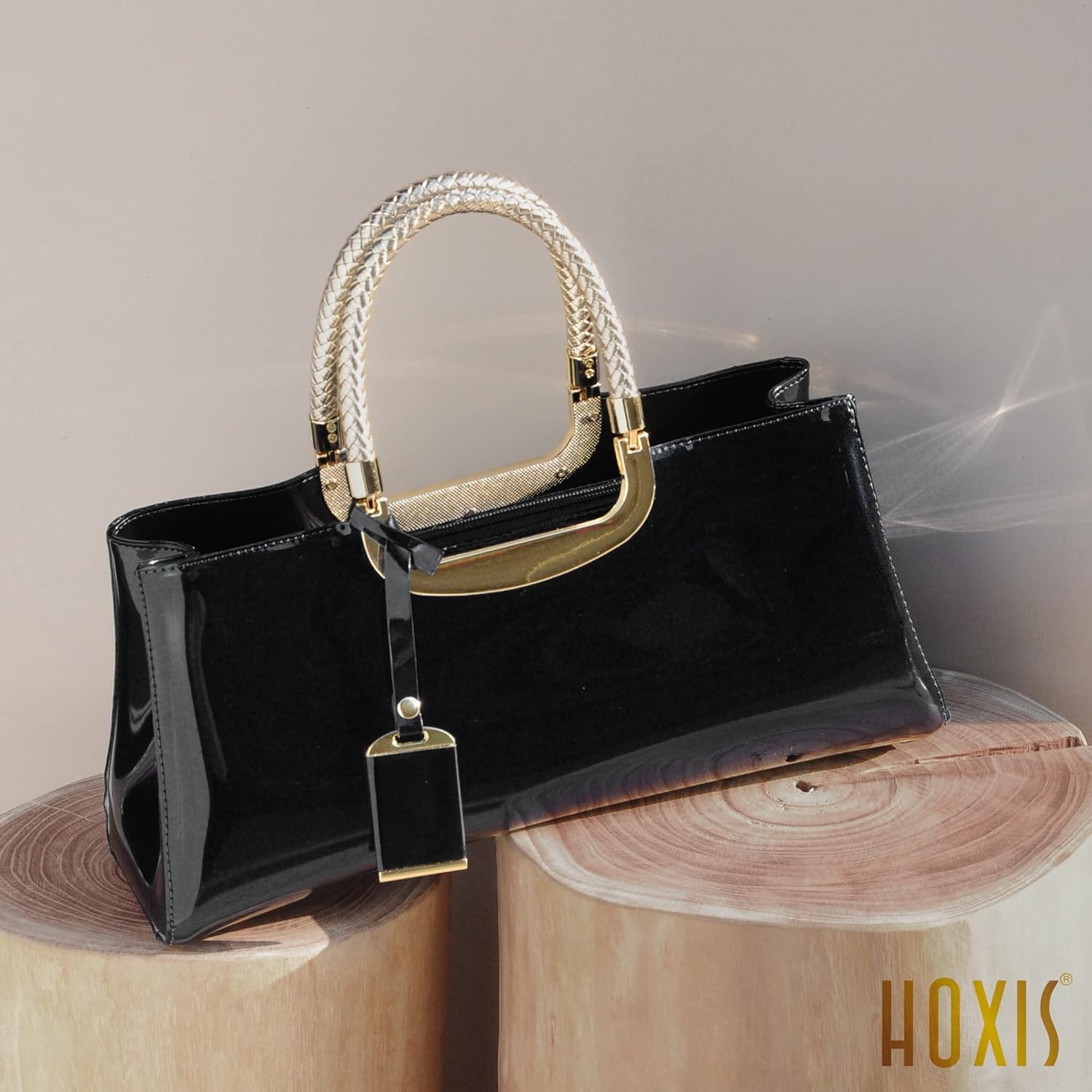 image:imageHOXIS Glossy Faux Patent Leather Structured Shoulder Handbag Women Evening Party SatchelBlack