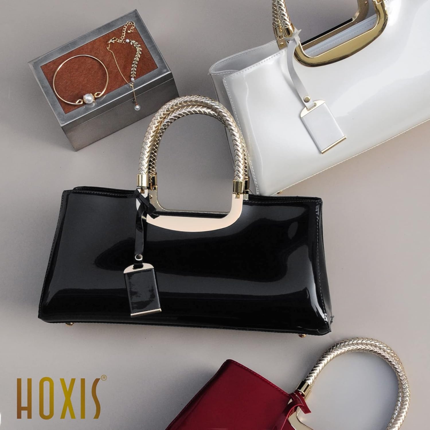 image:imageHOXIS Glossy Faux Patent Leather Structured Shoulder Handbag Women Evening Party SatchelBlack