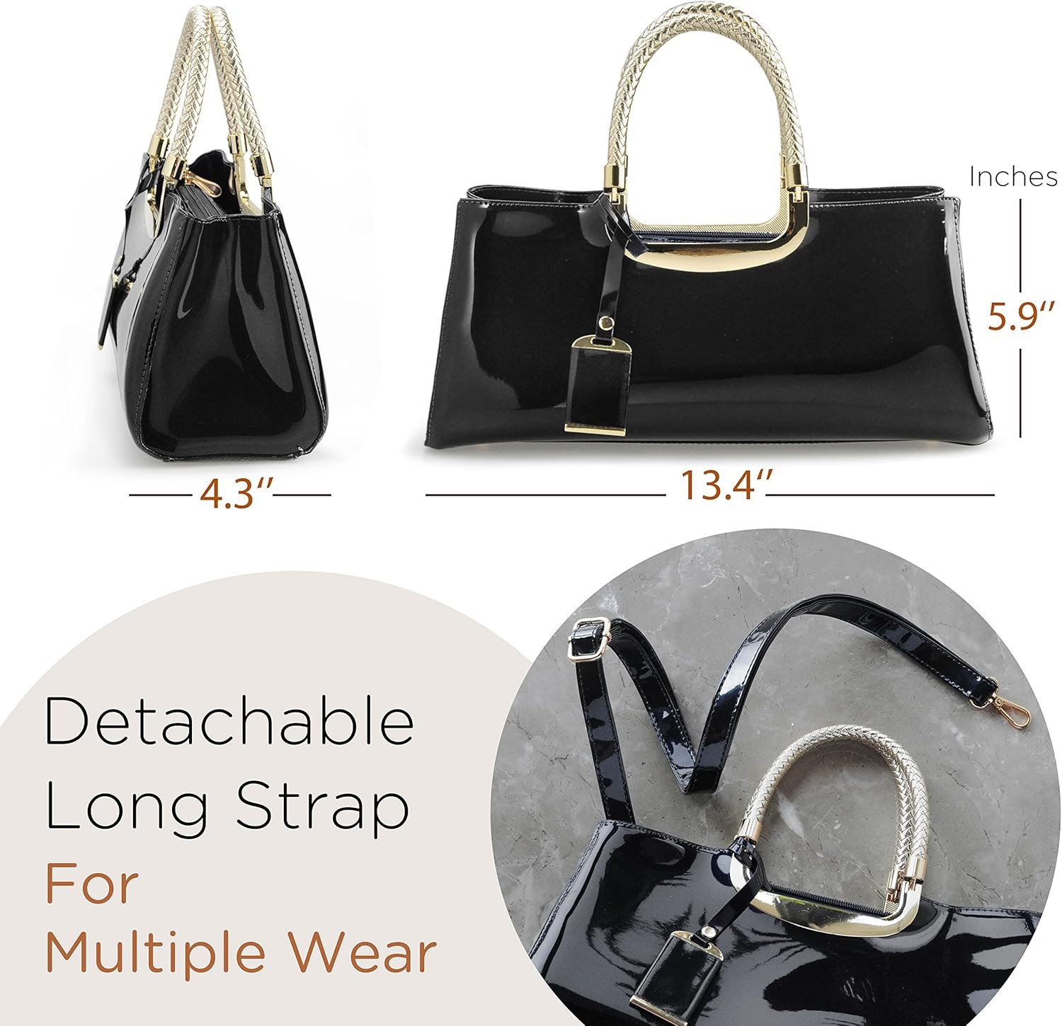 image:imageHOXIS Glossy Faux Patent Leather Structured Shoulder Handbag Women Evening Party SatchelBlack