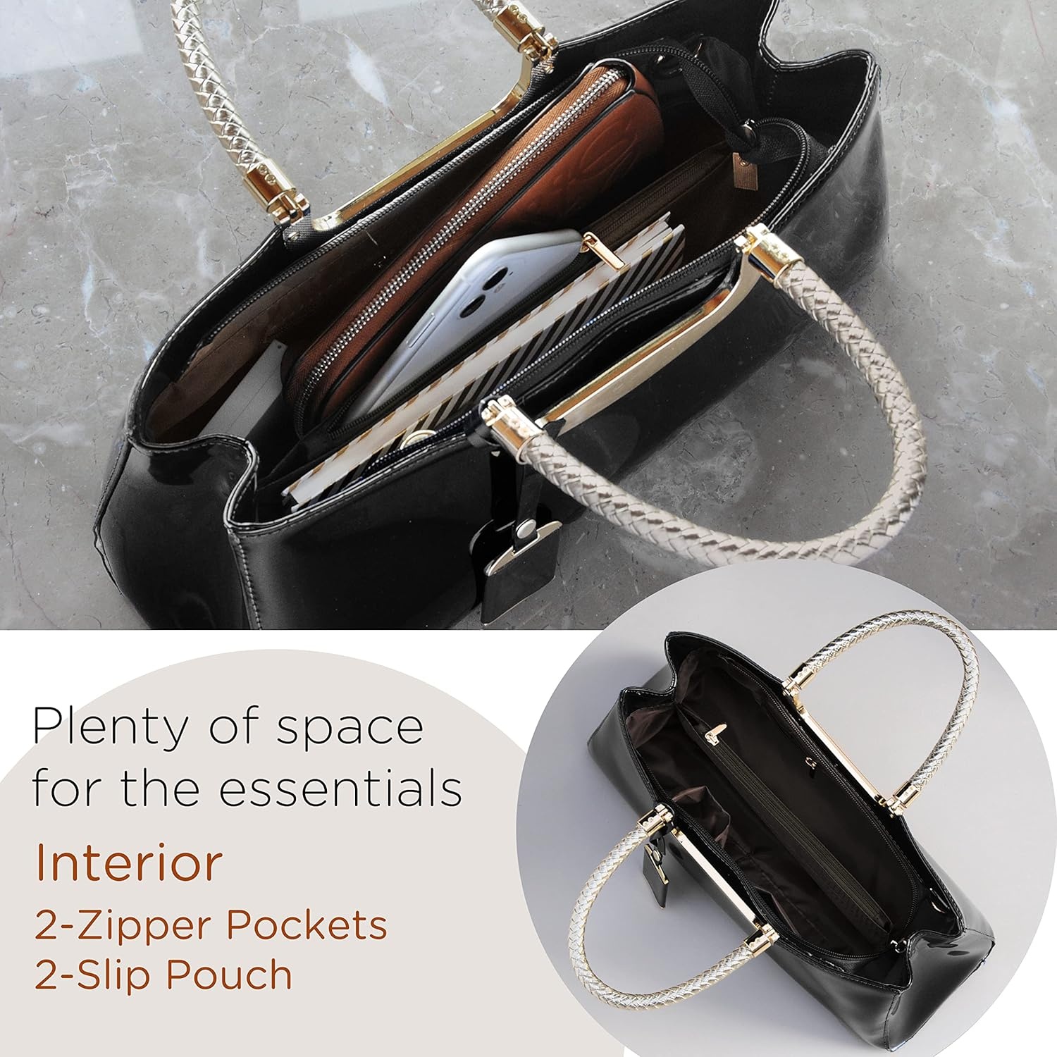 image:imageHOXIS Glossy Faux Patent Leather Structured Shoulder Handbag Women Evening Party SatchelBlack