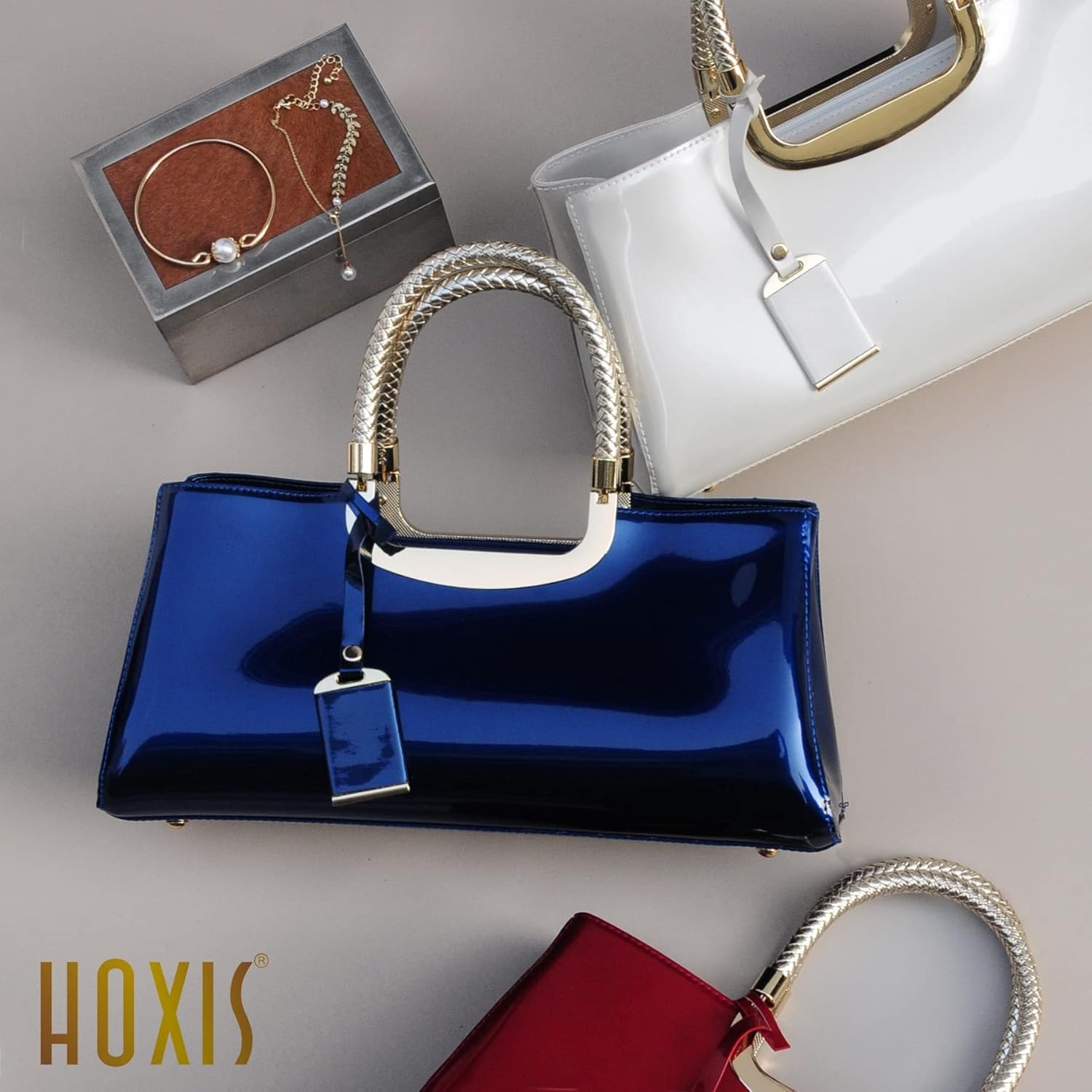 image:imageHOXIS Glossy Faux Patent Leather Structured Shoulder Handbag Women Evening Party SatchelNavy