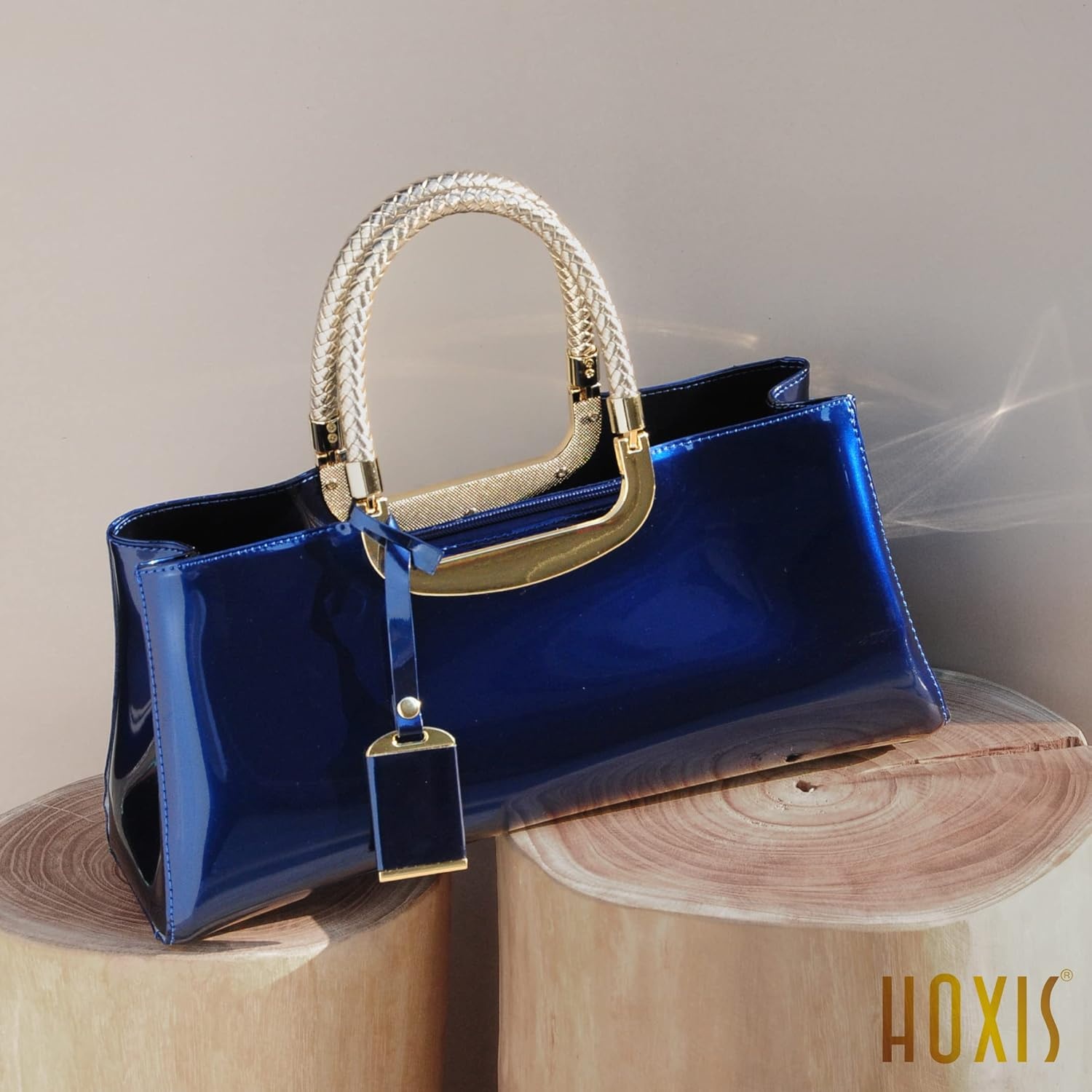 image:imageHOXIS Glossy Faux Patent Leather Structured Shoulder Handbag Women Evening Party SatchelNavy