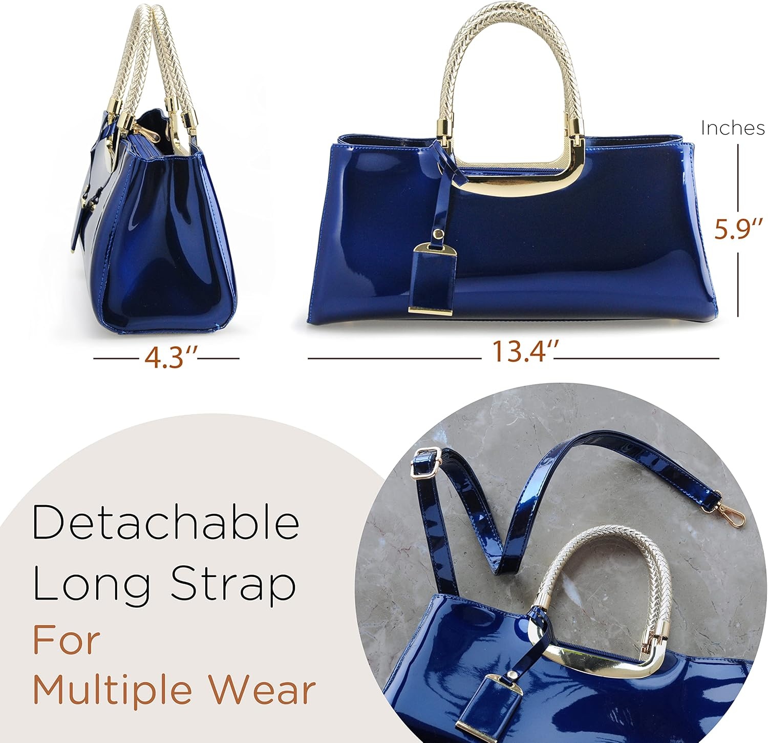 image:imageHOXIS Glossy Faux Patent Leather Structured Shoulder Handbag Women Evening Party SatchelNavy