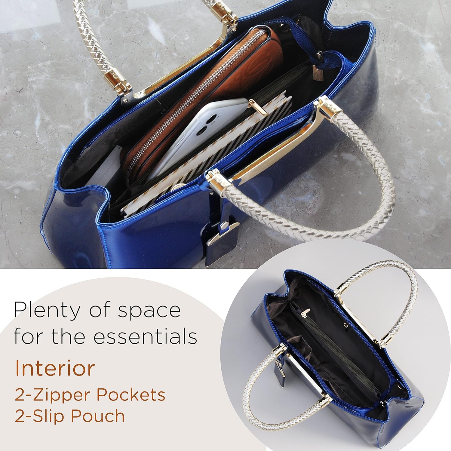image:imageHOXIS Glossy Faux Patent Leather Structured Shoulder Handbag Women Evening Party SatchelNavy