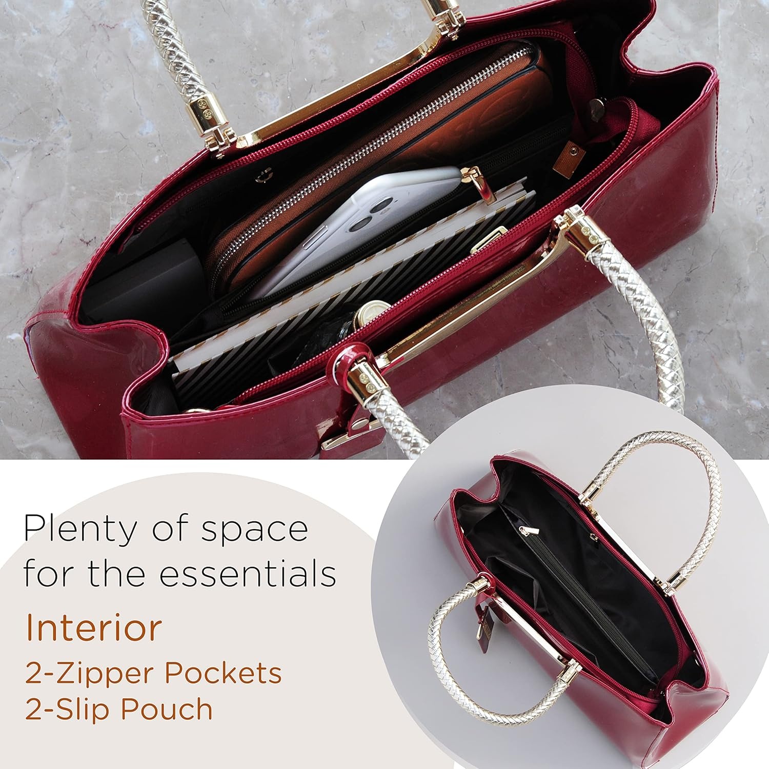 image:imageHOXIS Glossy Faux Patent Leather Structured Shoulder Handbag Women Evening Party SatchelRed