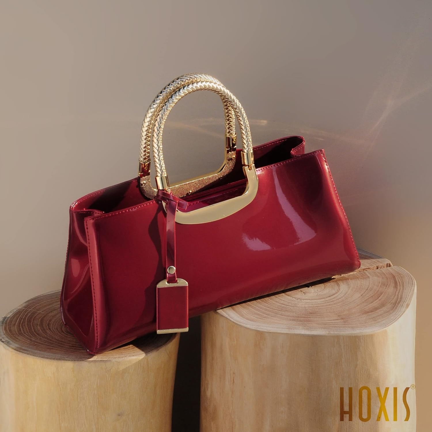 image:imageHOXIS Glossy Faux Patent Leather Structured Shoulder Handbag Women Evening Party SatchelRed