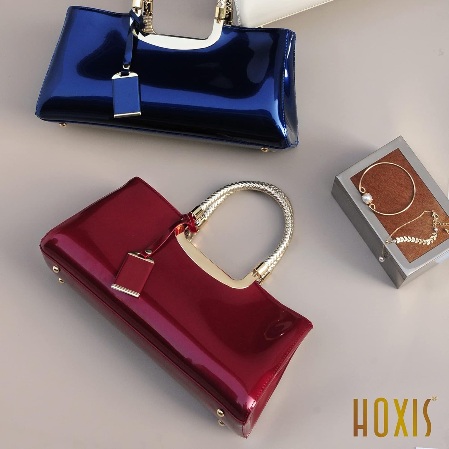 image:imageHOXIS Glossy Faux Patent Leather Structured Shoulder Handbag Women Evening Party SatchelRed