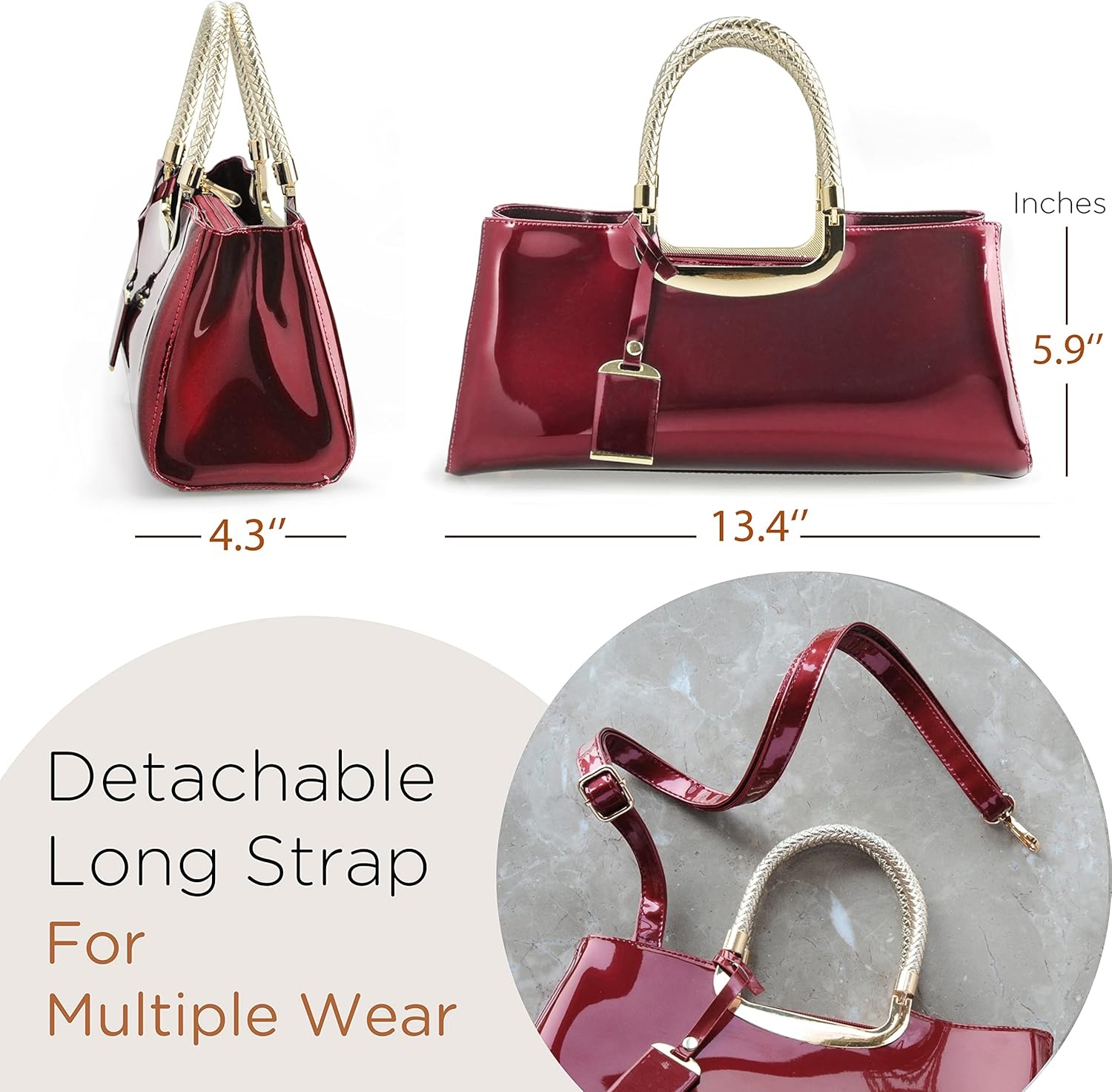 image:imageHOXIS Glossy Faux Patent Leather Structured Shoulder Handbag Women Evening Party SatchelRed