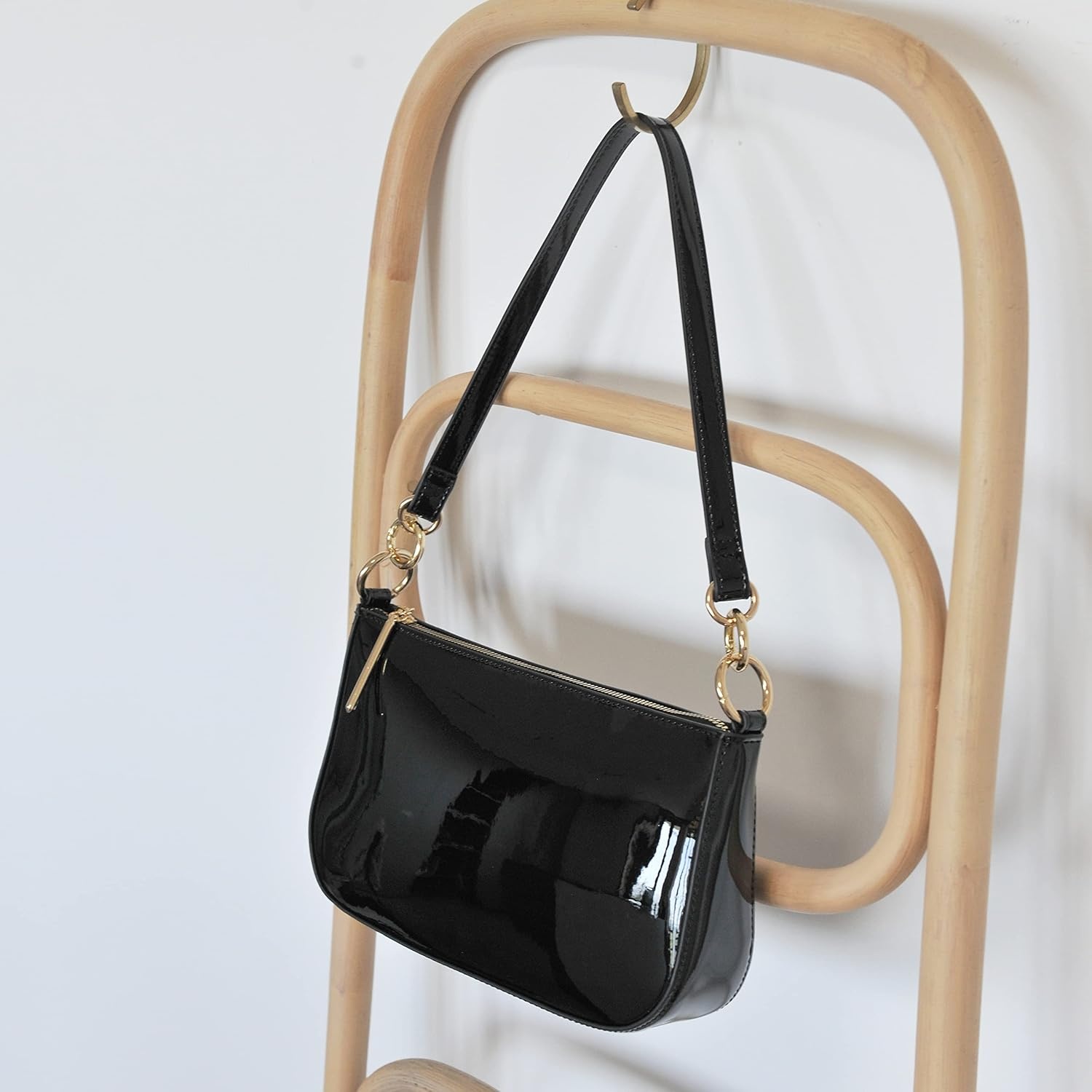 image:imageHOXIS Glossy Faux Patent Leather Women Shoulder Bag Shiny Clutch Crossbody Bag 90s PurseBlack