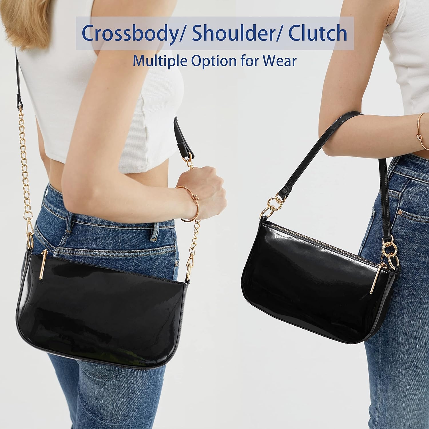 image:imageHOXIS Glossy Faux Patent Leather Women Shoulder Bag Shiny Clutch Crossbody Bag 90s PurseBlack