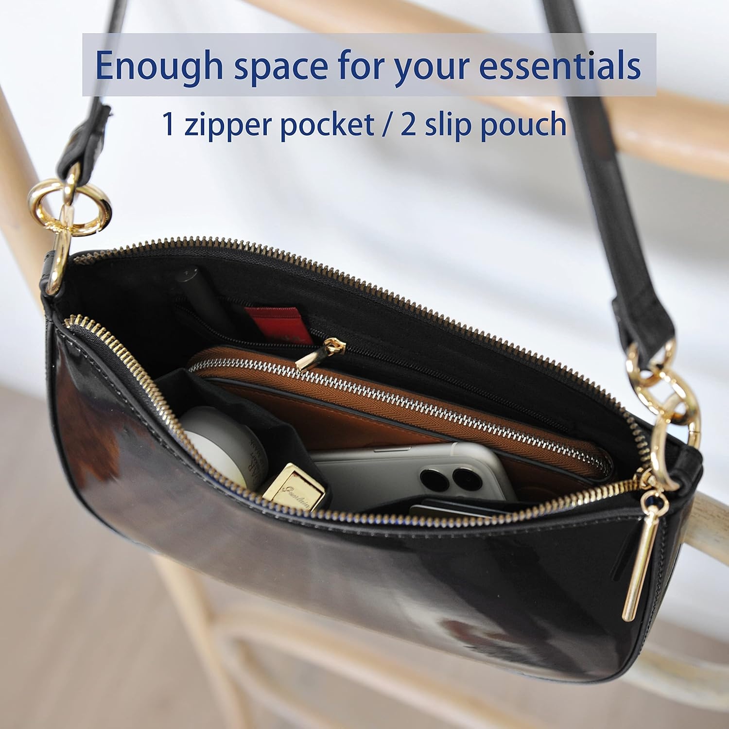 image:imageHOXIS Glossy Faux Patent Leather Women Shoulder Bag Shiny Clutch Crossbody Bag 90s PurseBlack