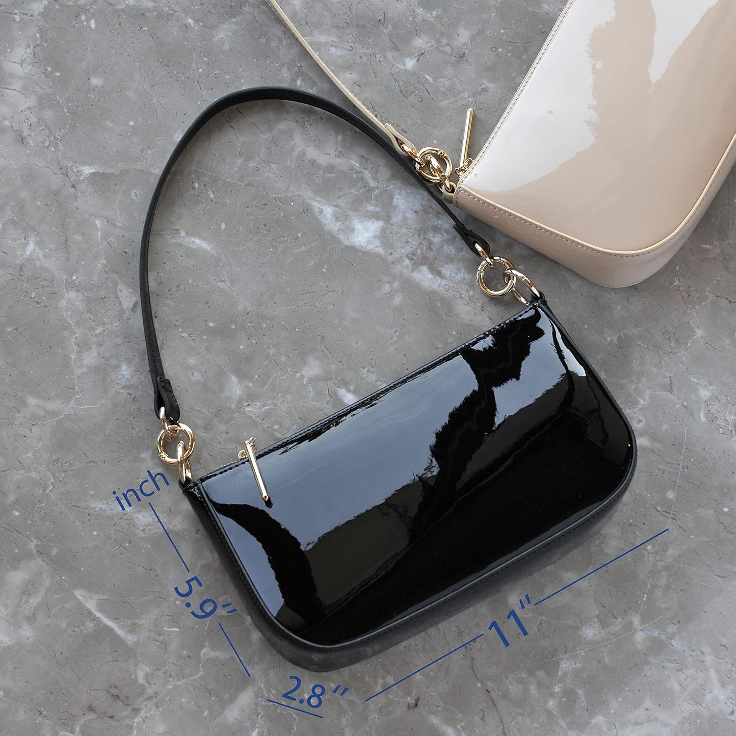 image:imageHOXIS Glossy Faux Patent Leather Women Shoulder Bag Shiny Clutch Crossbody Bag 90s PurseBlack