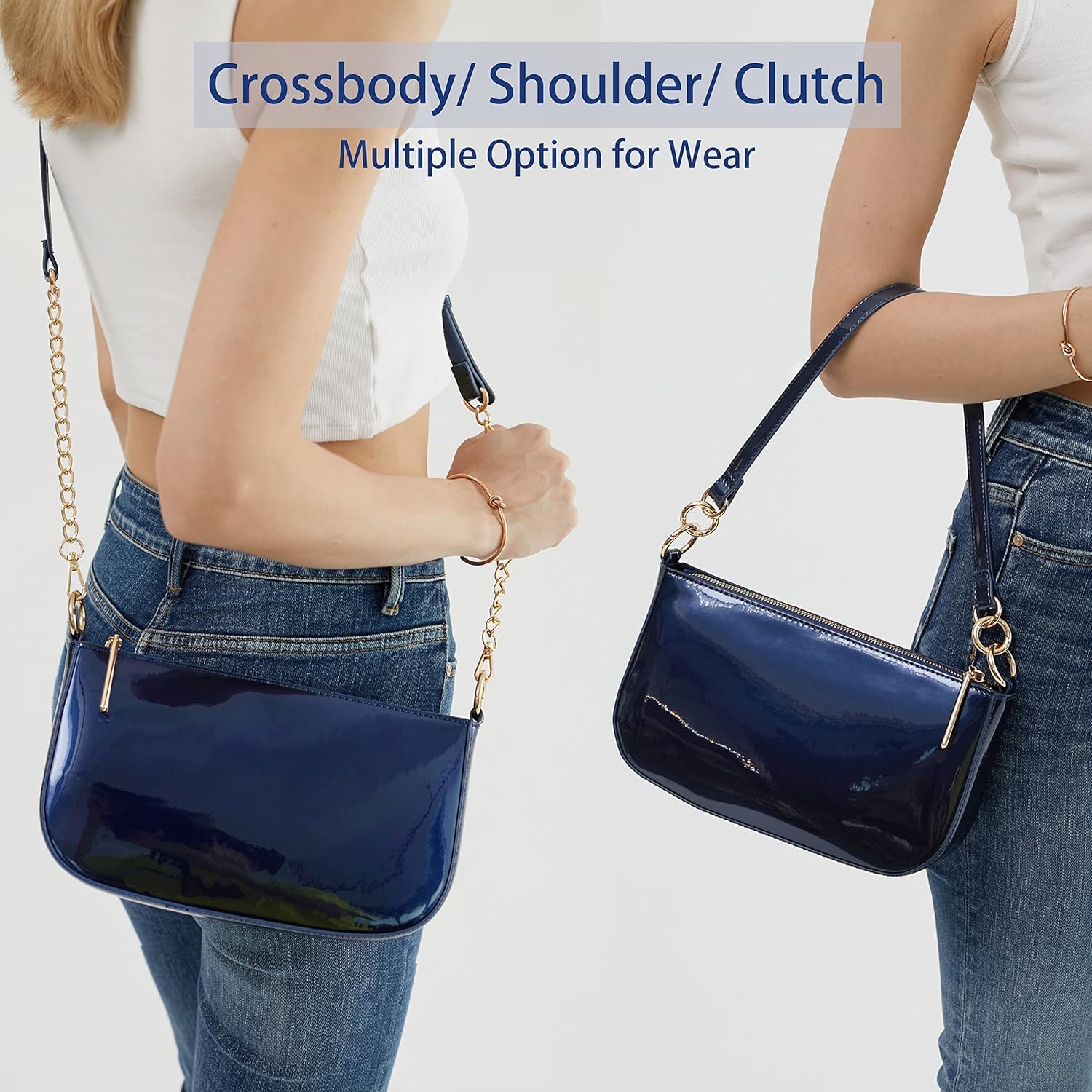 image:imageHOXIS Glossy Faux Patent Leather Women Shoulder Bag Shiny Clutch Crossbody Bag 90s PurseNavy