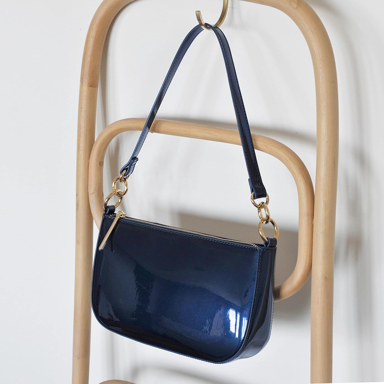 image:imageHOXIS Glossy Faux Patent Leather Women Shoulder Bag Shiny Clutch Crossbody Bag 90s PurseNavy
