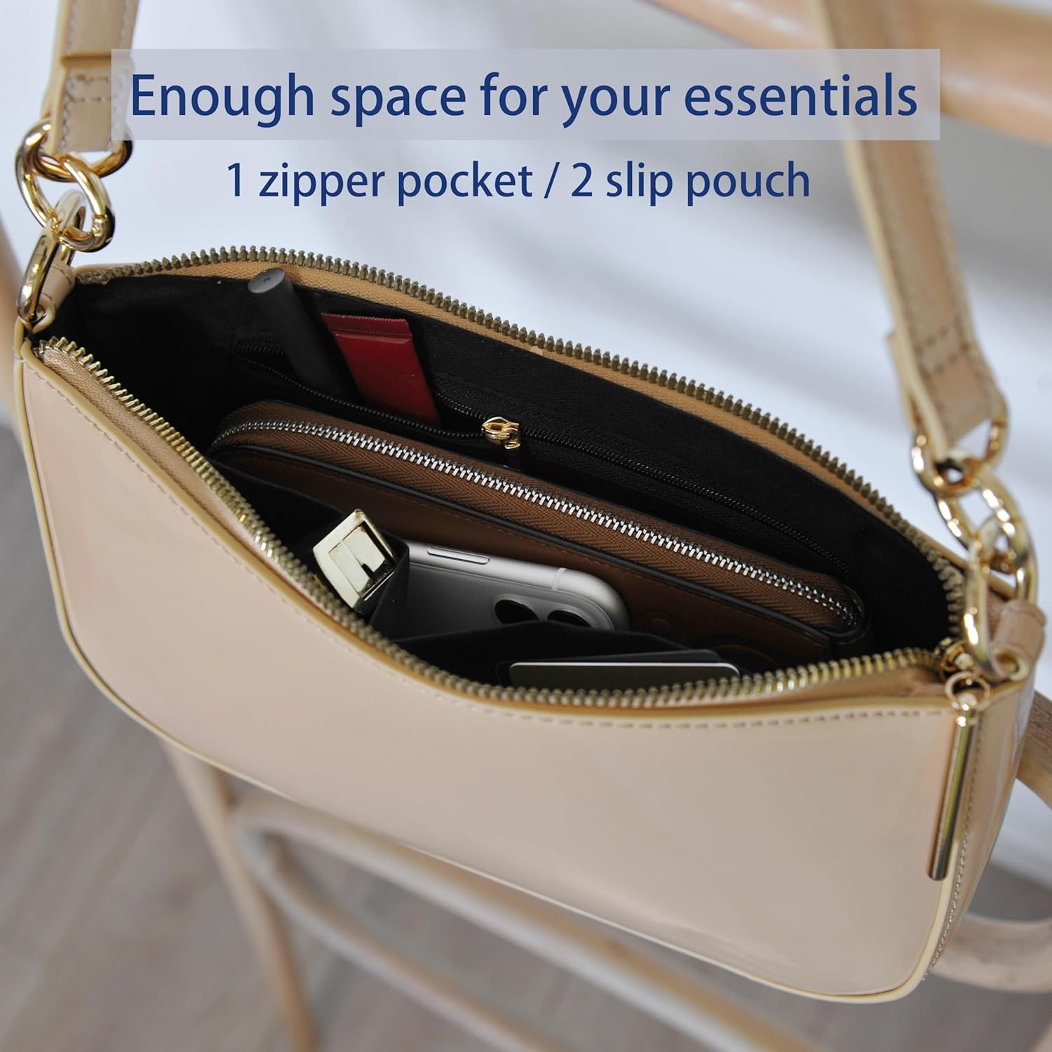 image:imageHOXIS Glossy Faux Patent Leather Women Shoulder Bag Shiny Clutch Crossbody Bag 90s PurseNude