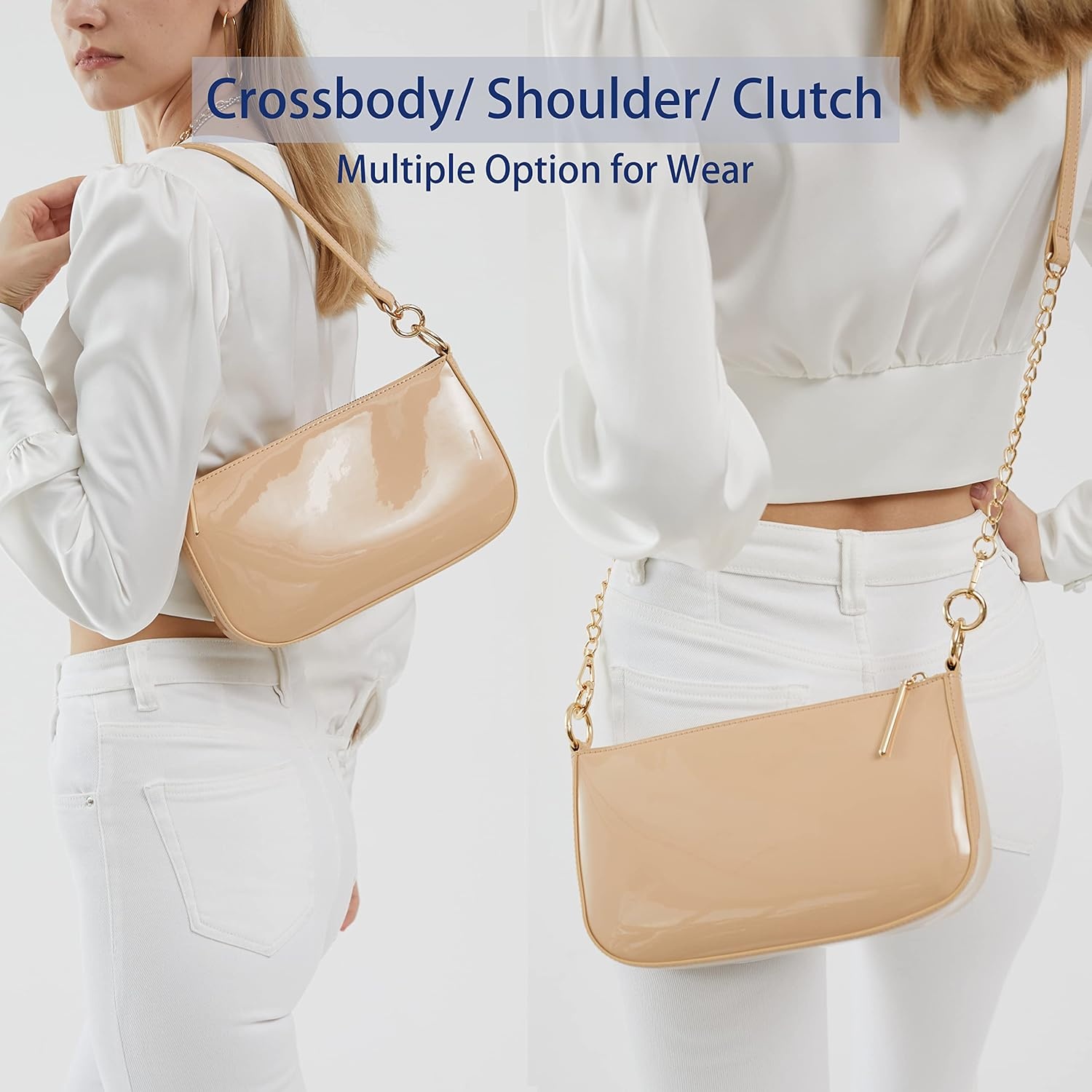 image:imageHOXIS Glossy Faux Patent Leather Women Shoulder Bag Shiny Clutch Crossbody Bag 90s PurseNude