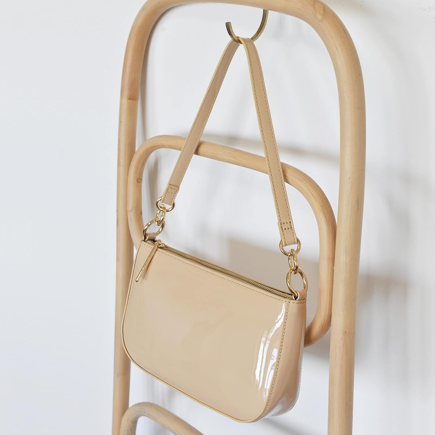 image:imageHOXIS Glossy Faux Patent Leather Women Shoulder Bag Shiny Clutch Crossbody Bag 90s PurseNude