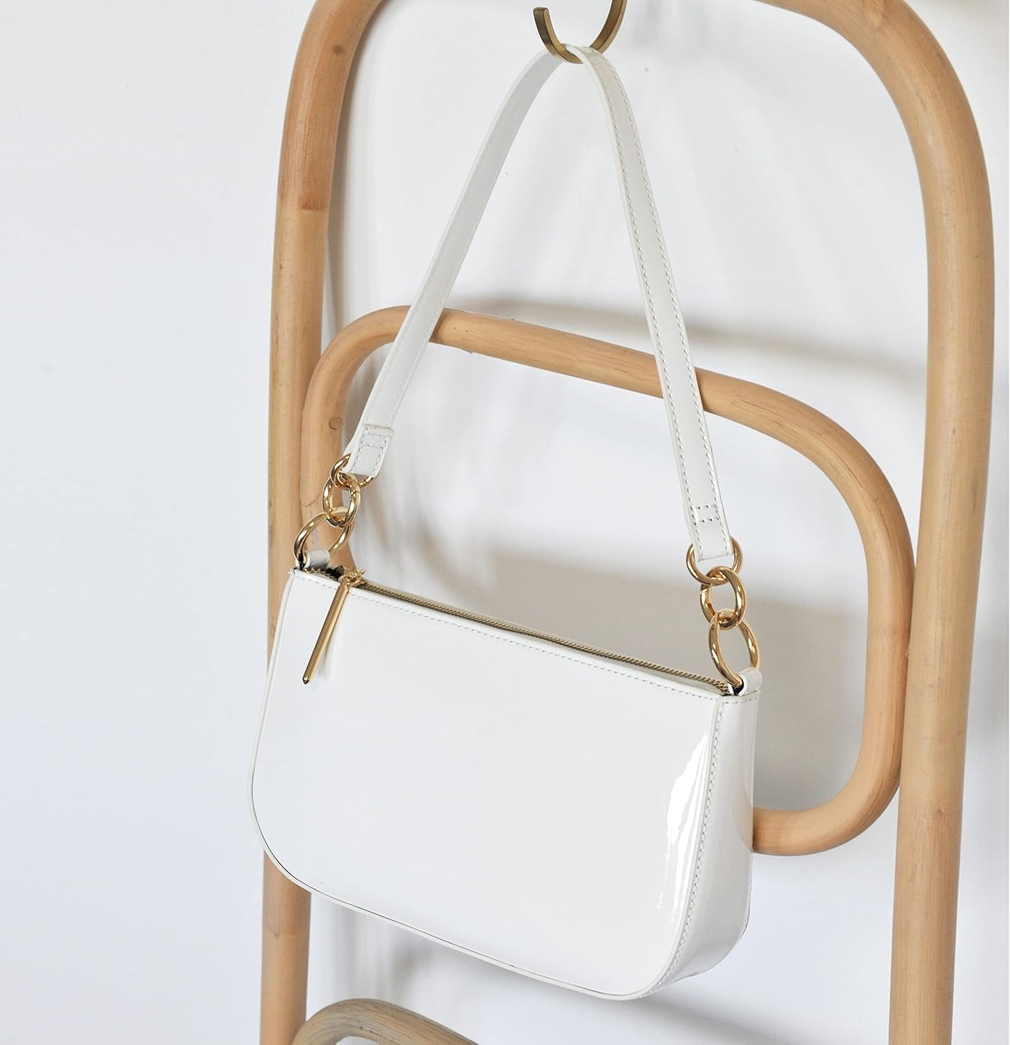 image:imageHOXIS Glossy Faux Patent Leather Women Shoulder Bag Shiny Clutch Crossbody Bag 90s PurseWhite