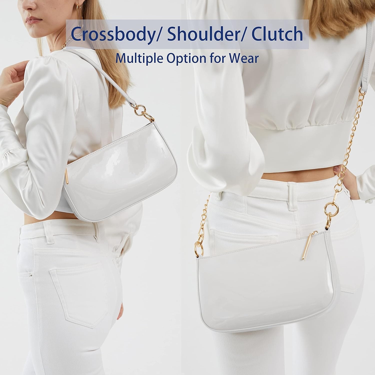 image:imageHOXIS Glossy Faux Patent Leather Women Shoulder Bag Shiny Clutch Crossbody Bag 90s PurseWhite