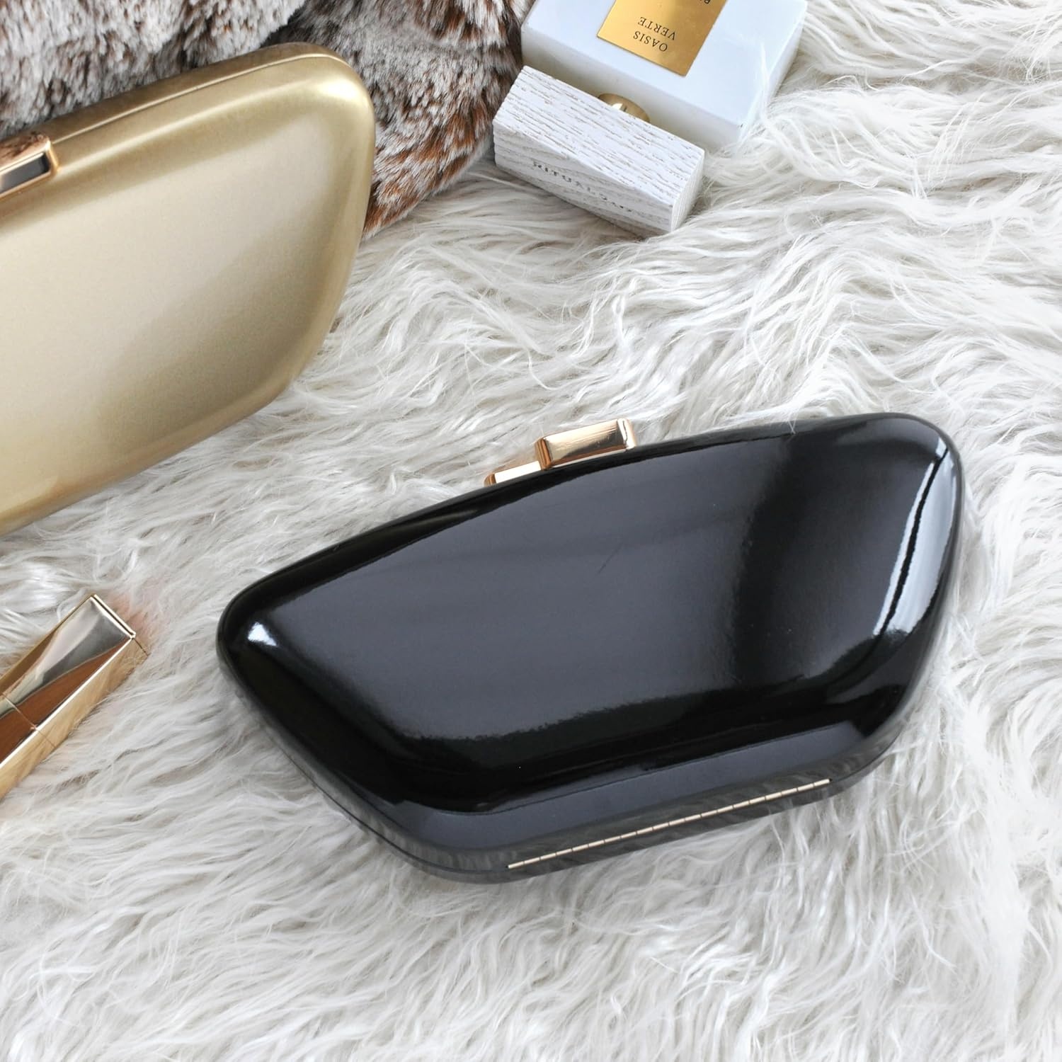 image:imageHOXIS Glossy Patent Leather Evening Clutch Bag with Detachable Chain Womens Purse for Wedding Party PromBlack