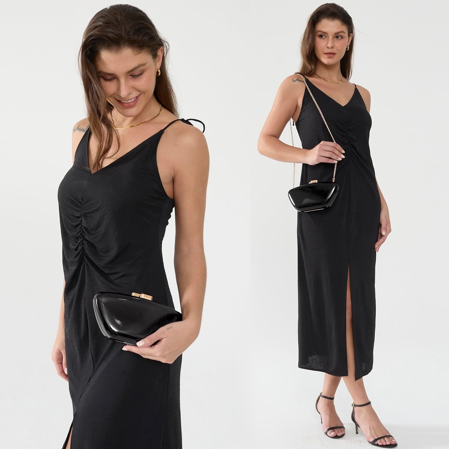 image:imageHOXIS Glossy Patent Leather Evening Clutch Bag with Detachable Chain Womens Purse for Wedding Party PromBlack