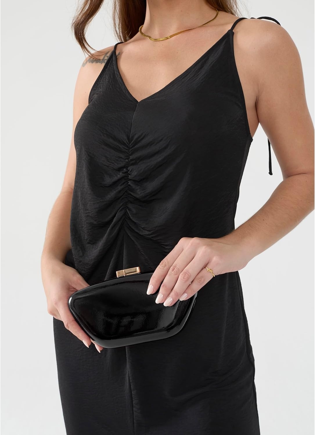 image:imageHOXIS Glossy Patent Leather Evening Clutch Bag with Detachable Chain Womens Purse for Wedding Party PromBlack