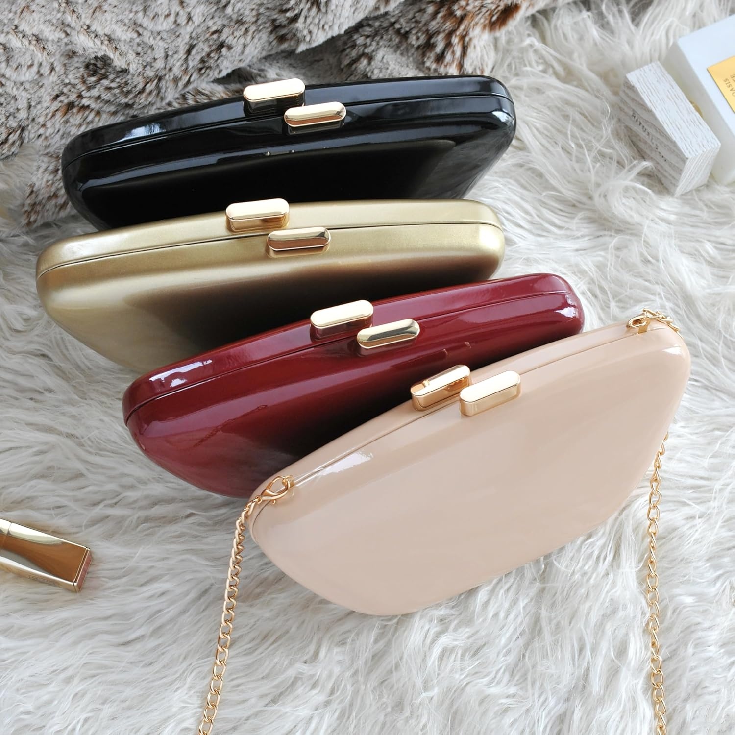 image:imageHOXIS Glossy Patent Leather Evening Clutch Bag with Detachable Chain Womens Purse for Wedding Party PromDark Red