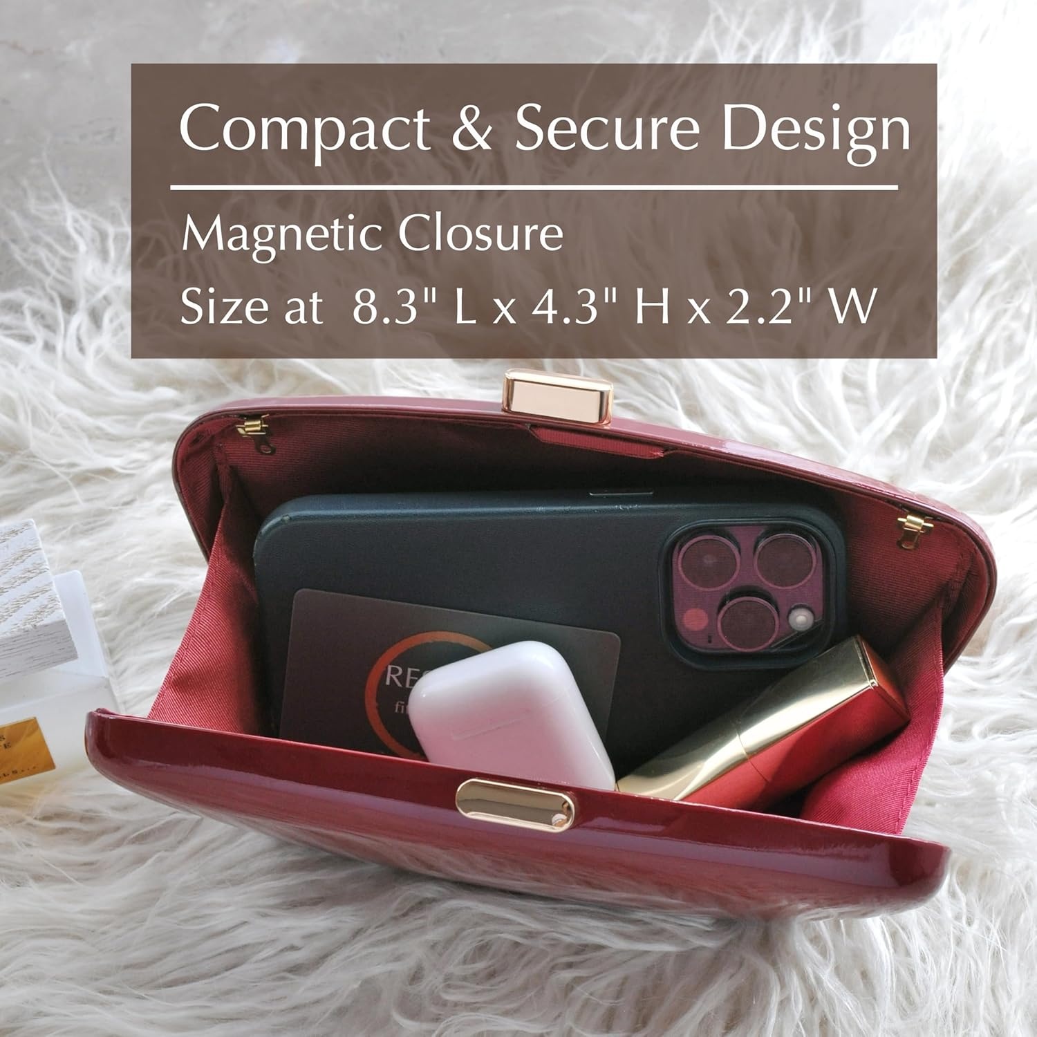 image:imageHOXIS Glossy Patent Leather Evening Clutch Bag with Detachable Chain Womens Purse for Wedding Party PromDark Red