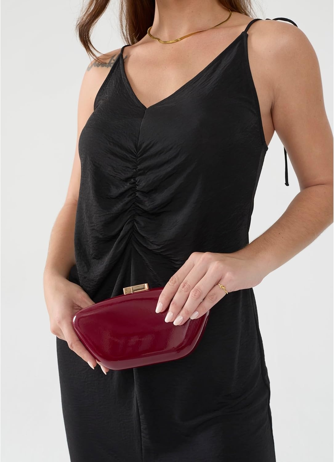 image:imageHOXIS Glossy Patent Leather Evening Clutch Bag with Detachable Chain Womens Purse for Wedding Party PromDark Red