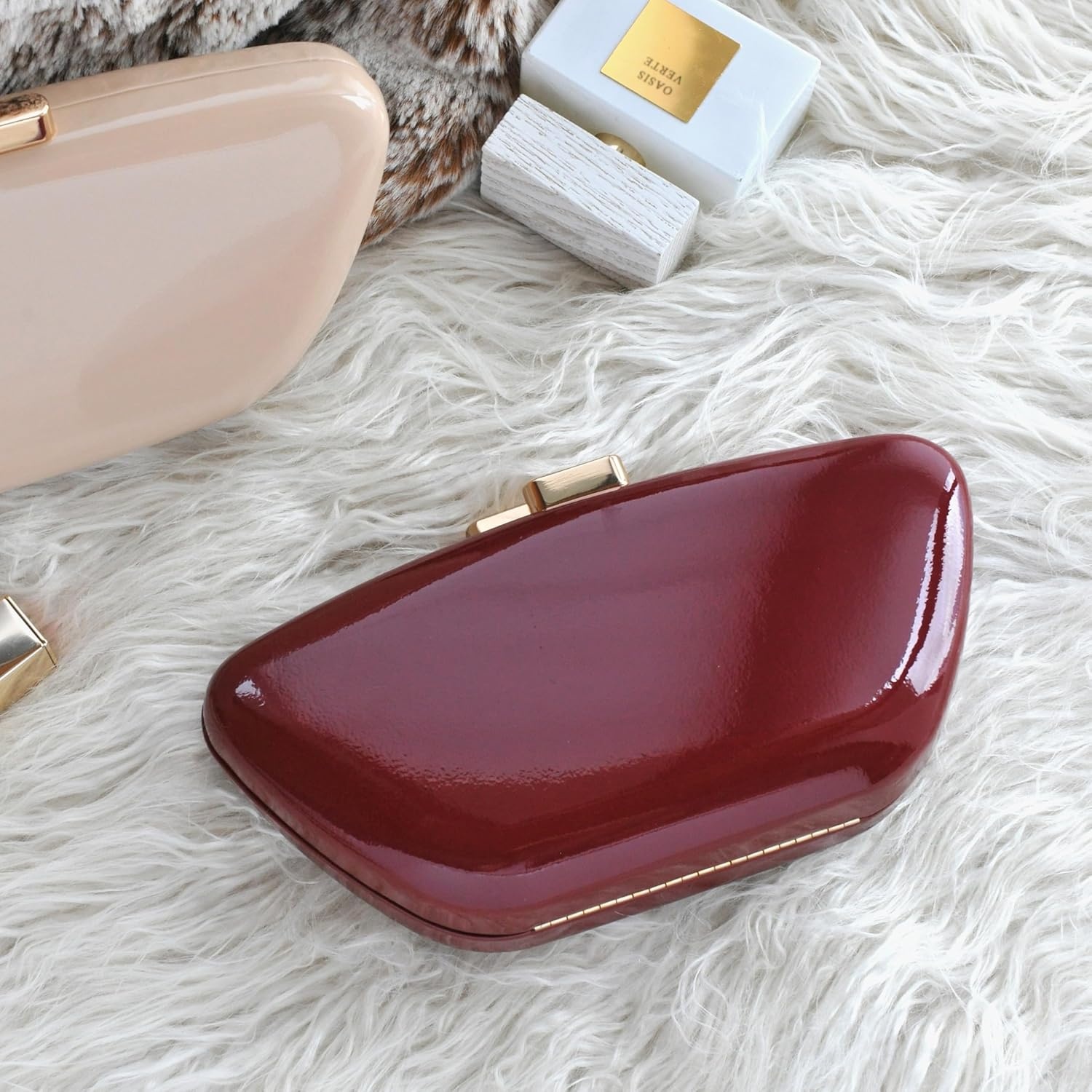 image:imageHOXIS Glossy Patent Leather Evening Clutch Bag with Detachable Chain Womens Purse for Wedding Party PromDark Red