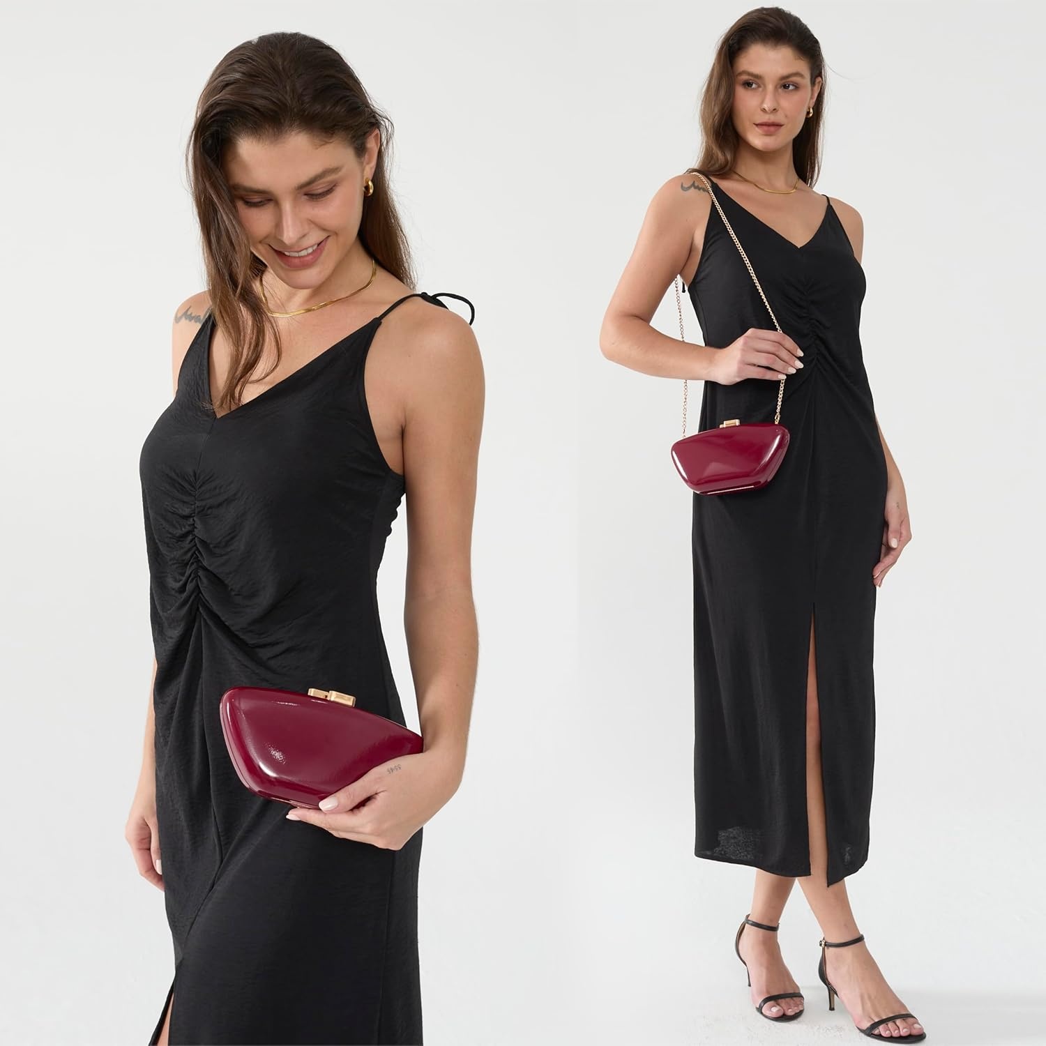 image:imageHOXIS Glossy Patent Leather Evening Clutch Bag with Detachable Chain Womens Purse for Wedding Party PromDark Red