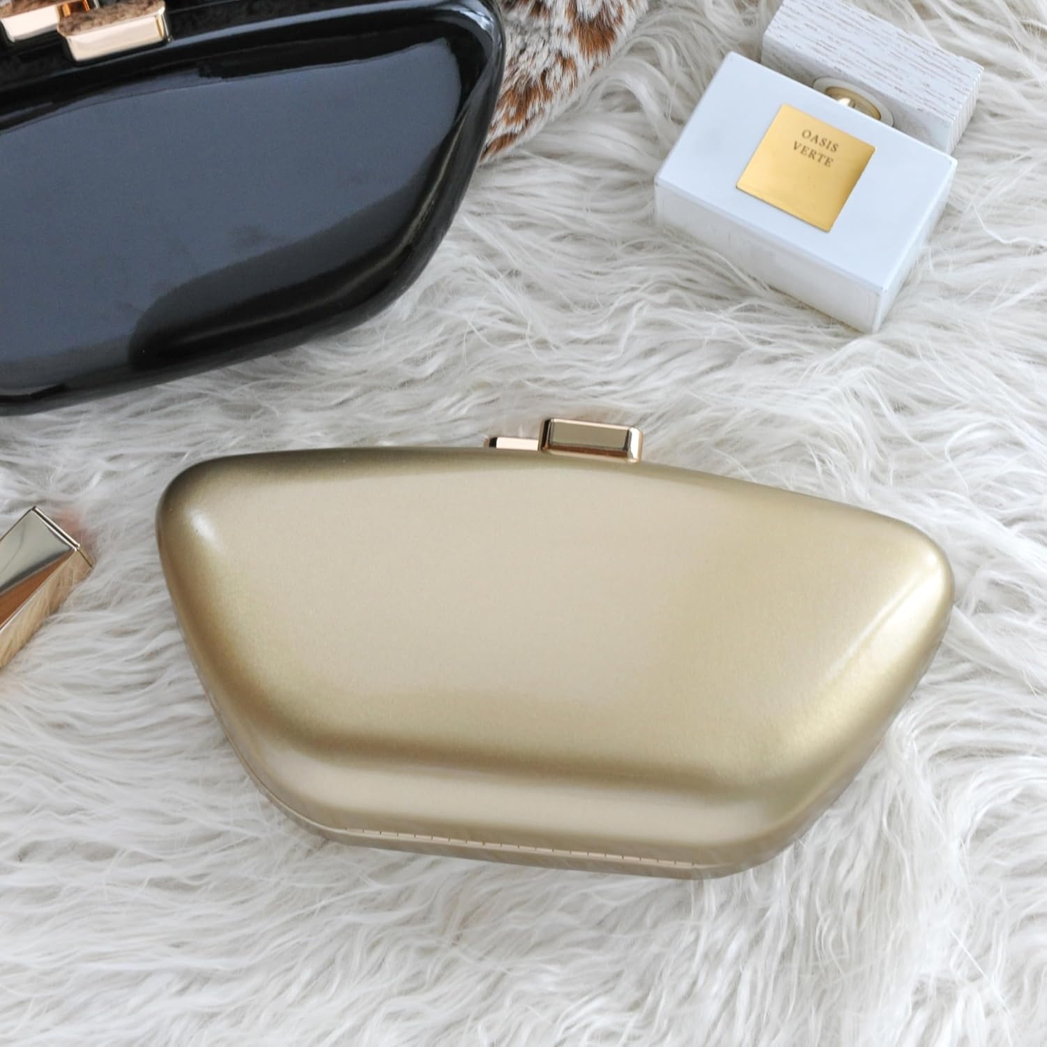 image:imageHOXIS Glossy Patent Leather Evening Clutch Bag with Detachable Chain Womens Purse for Wedding Party PromGold