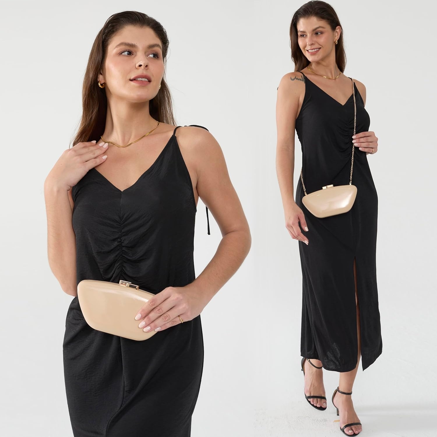 image:imageHOXIS Glossy Patent Leather Evening Clutch Bag with Detachable Chain Womens Purse for Wedding Party PromNude