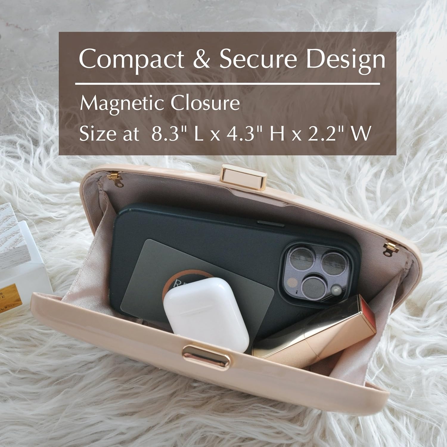 image:imageHOXIS Glossy Patent Leather Evening Clutch Bag with Detachable Chain Womens Purse for Wedding Party PromNude