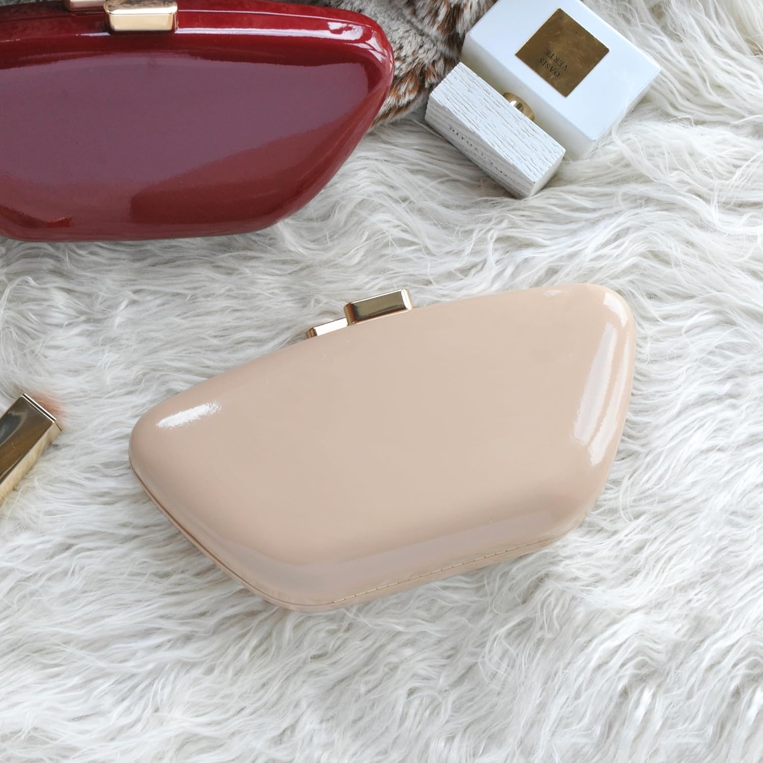 image:imageHOXIS Glossy Patent Leather Evening Clutch Bag with Detachable Chain Womens Purse for Wedding Party PromNude