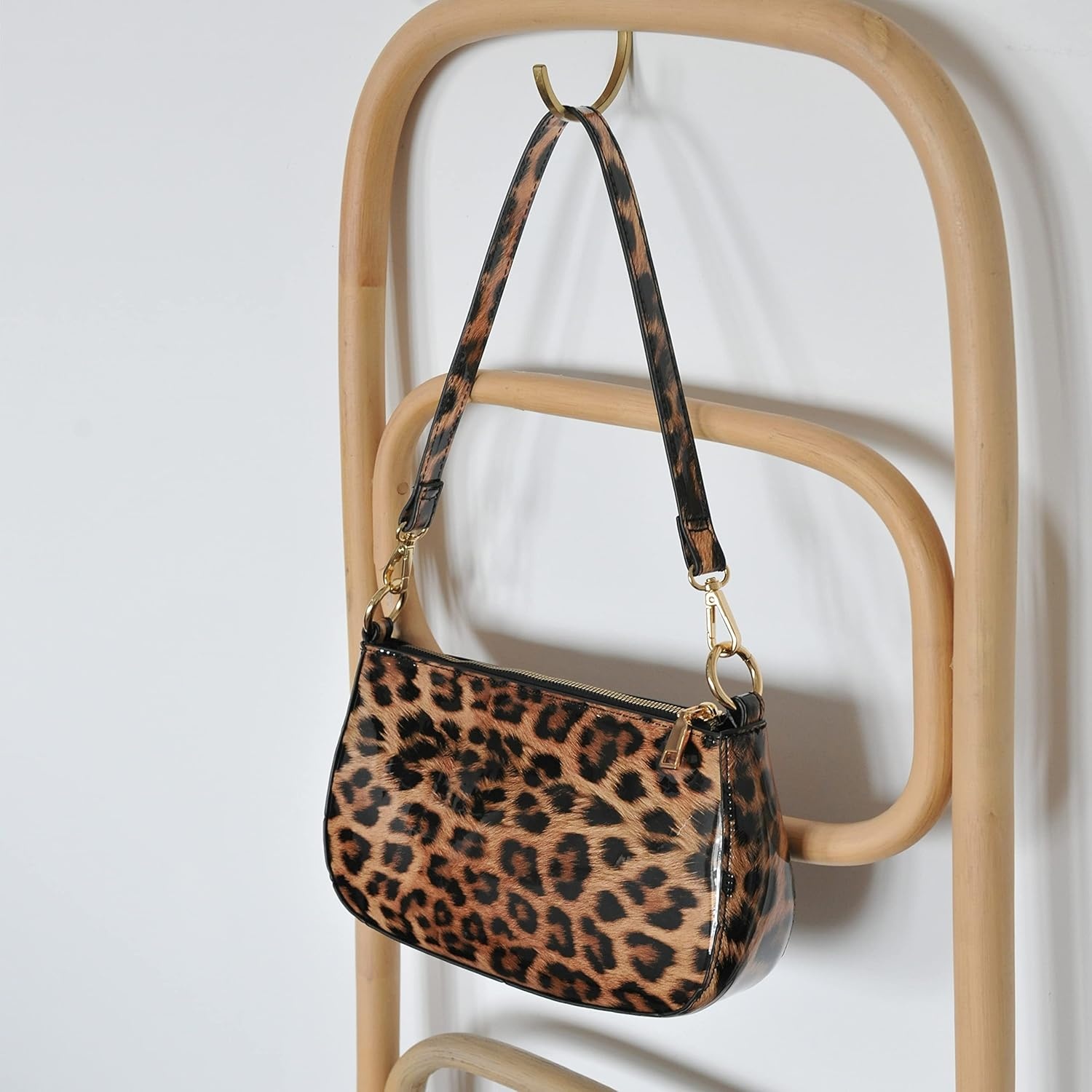 image:imageHOXIS Leopard 90s Women Shoulder Bag Glossy Patent Vegan Leather Crossbody Bag Clutch PurseBrown Leopard