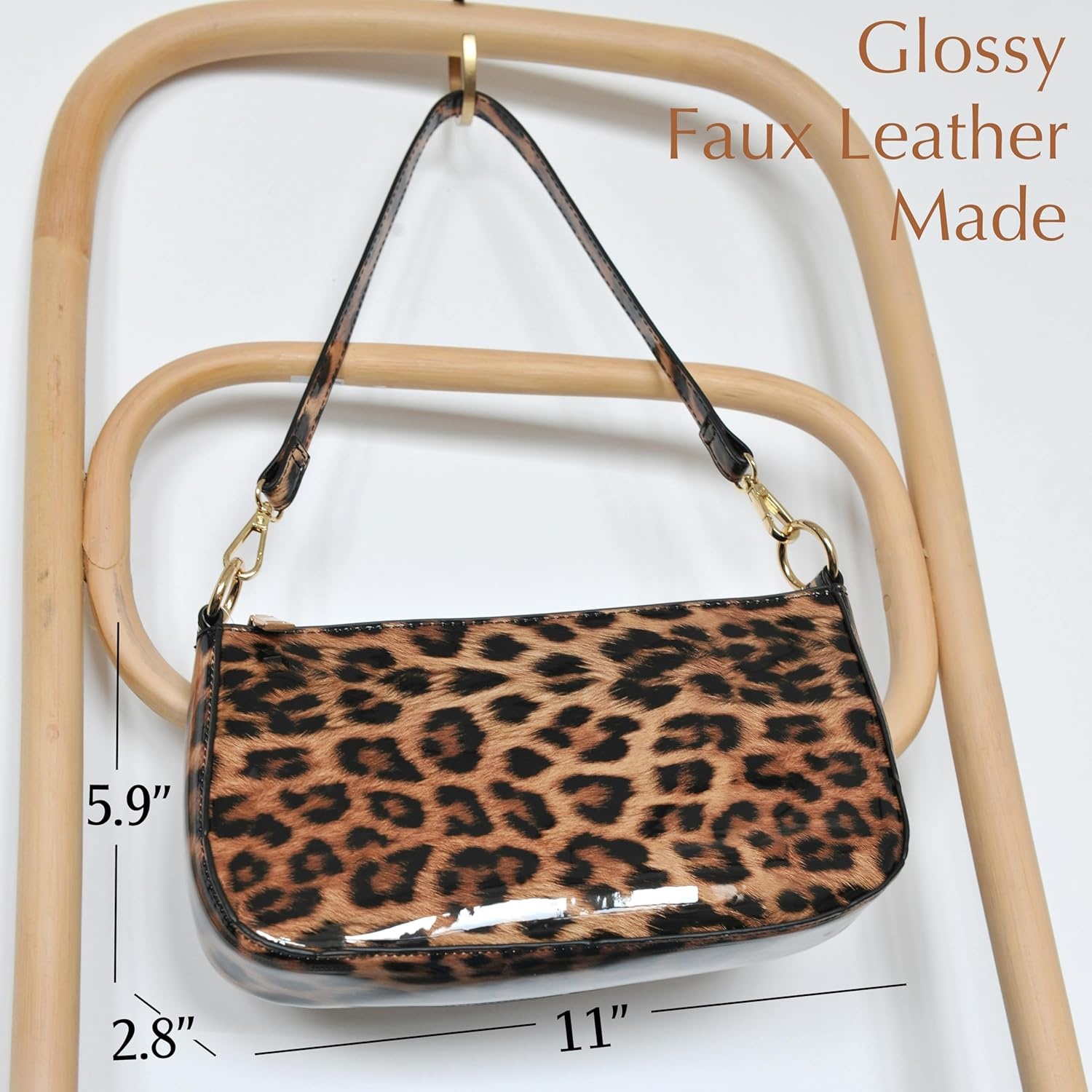 image:imageHOXIS Leopard 90s Women Shoulder Bag Glossy Patent Vegan Leather Crossbody Bag Clutch PurseBrown Leopard