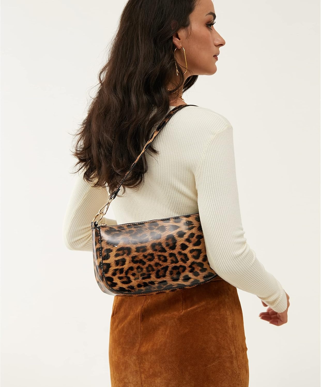 image:imageHOXIS Leopard 90s Women Shoulder Bag Glossy Patent Vegan Leather Crossbody Bag Clutch PurseBrown Leopard