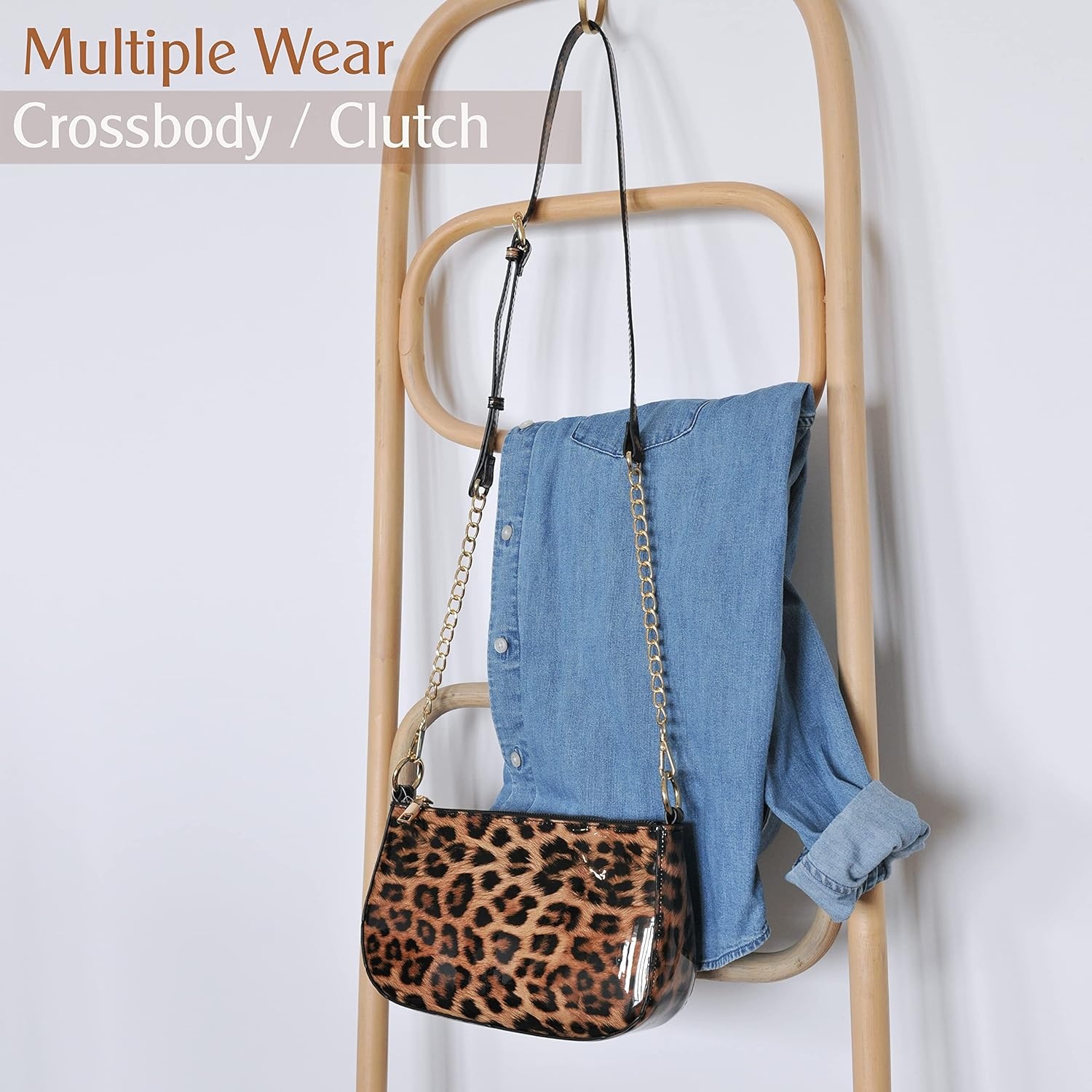image:imageHOXIS Leopard 90s Women Shoulder Bag Glossy Patent Vegan Leather Crossbody Bag Clutch PurseBrown Leopard