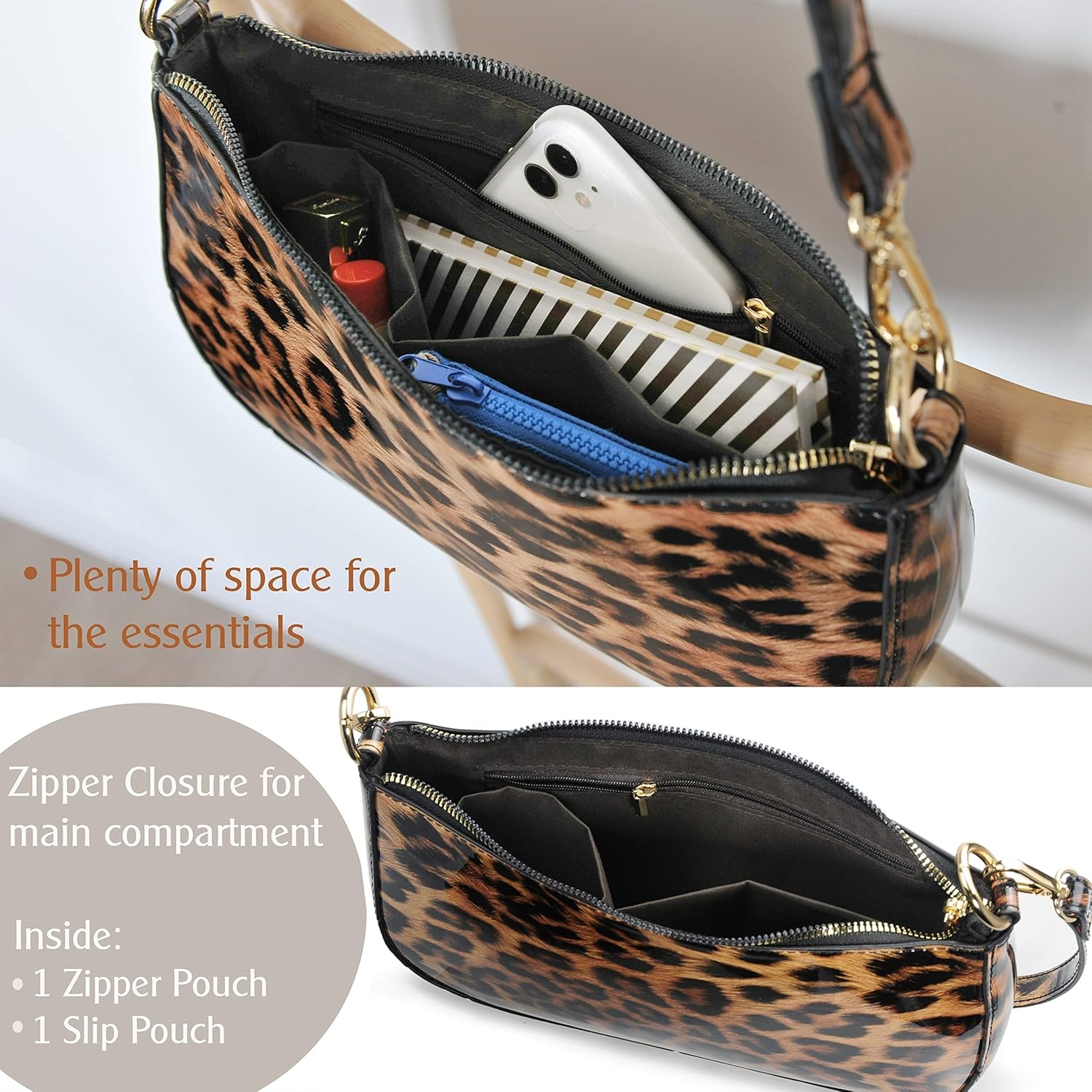 image:imageHOXIS Leopard 90s Women Shoulder Bag Glossy Patent Vegan Leather Crossbody Bag Clutch PurseBrown Leopard