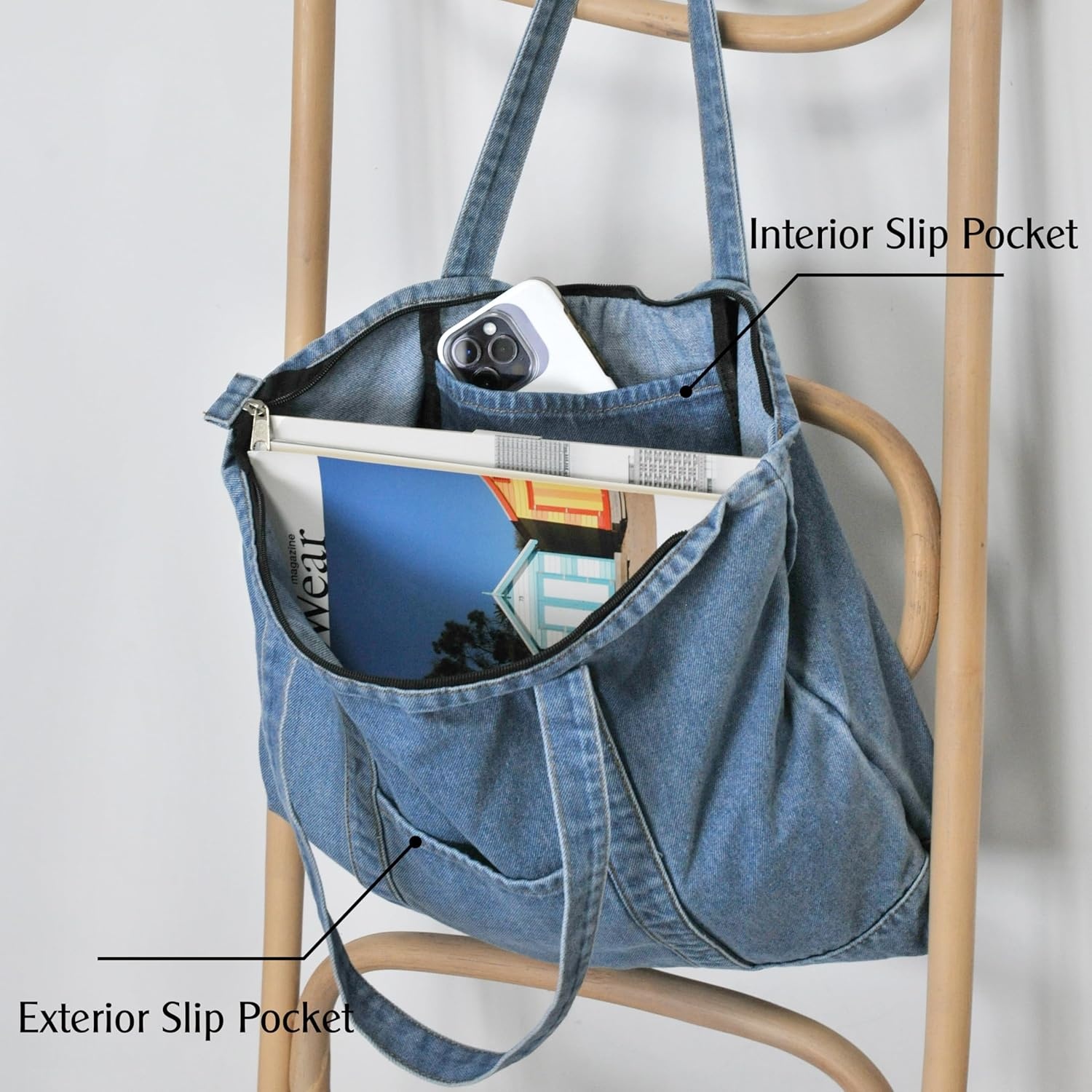 image:imageHOXIS Light Weight Soft Denim Tote Unisex Shopper Shoulder HandbagBlue