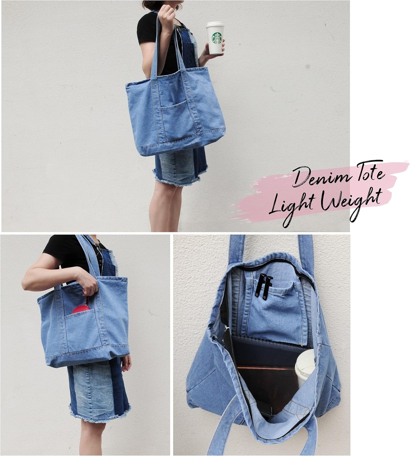 image:imageHOXIS Light Weight Soft Denim Tote Unisex Shopper Shoulder HandbagBlue