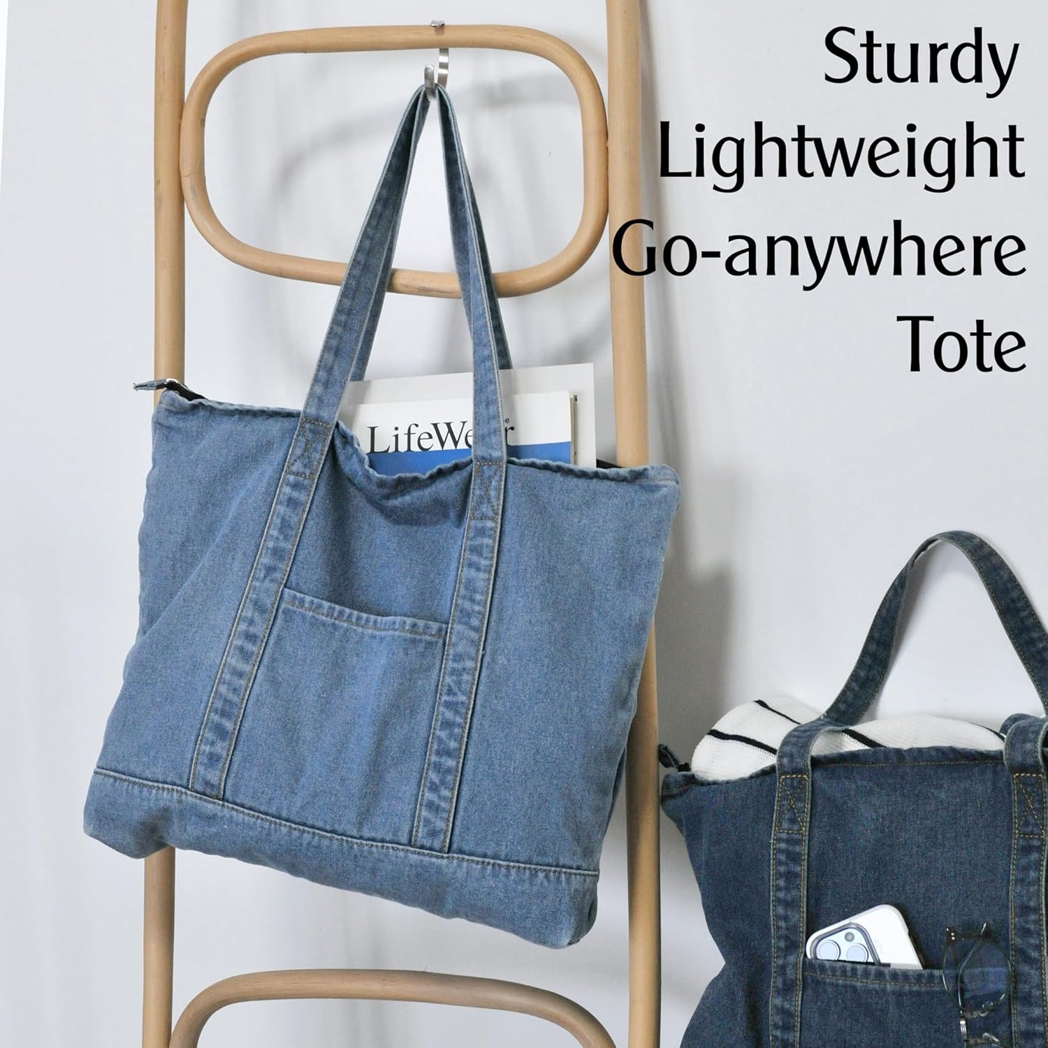 image:imageHOXIS Light Weight Soft Denim Tote Unisex Shopper Shoulder HandbagBlue