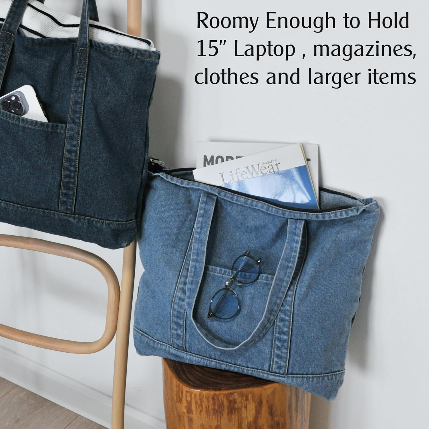 image:imageHOXIS Light Weight Soft Denim Tote Unisex Shopper Shoulder HandbagBlue