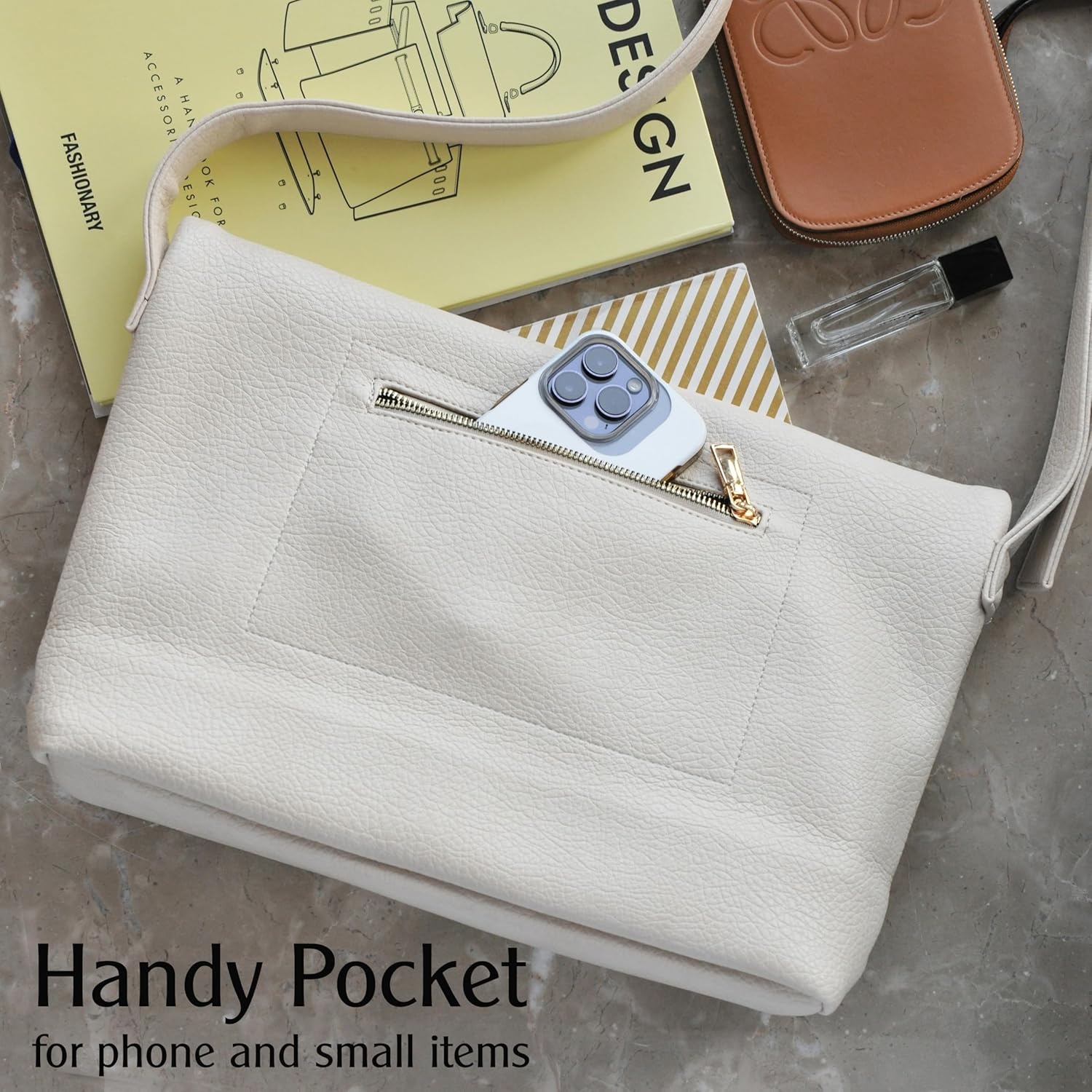 image:imageHOXIS Messenger Bag for Women Crossbody Purse Vegan Leather Foldover Shoulder HandbagIvory